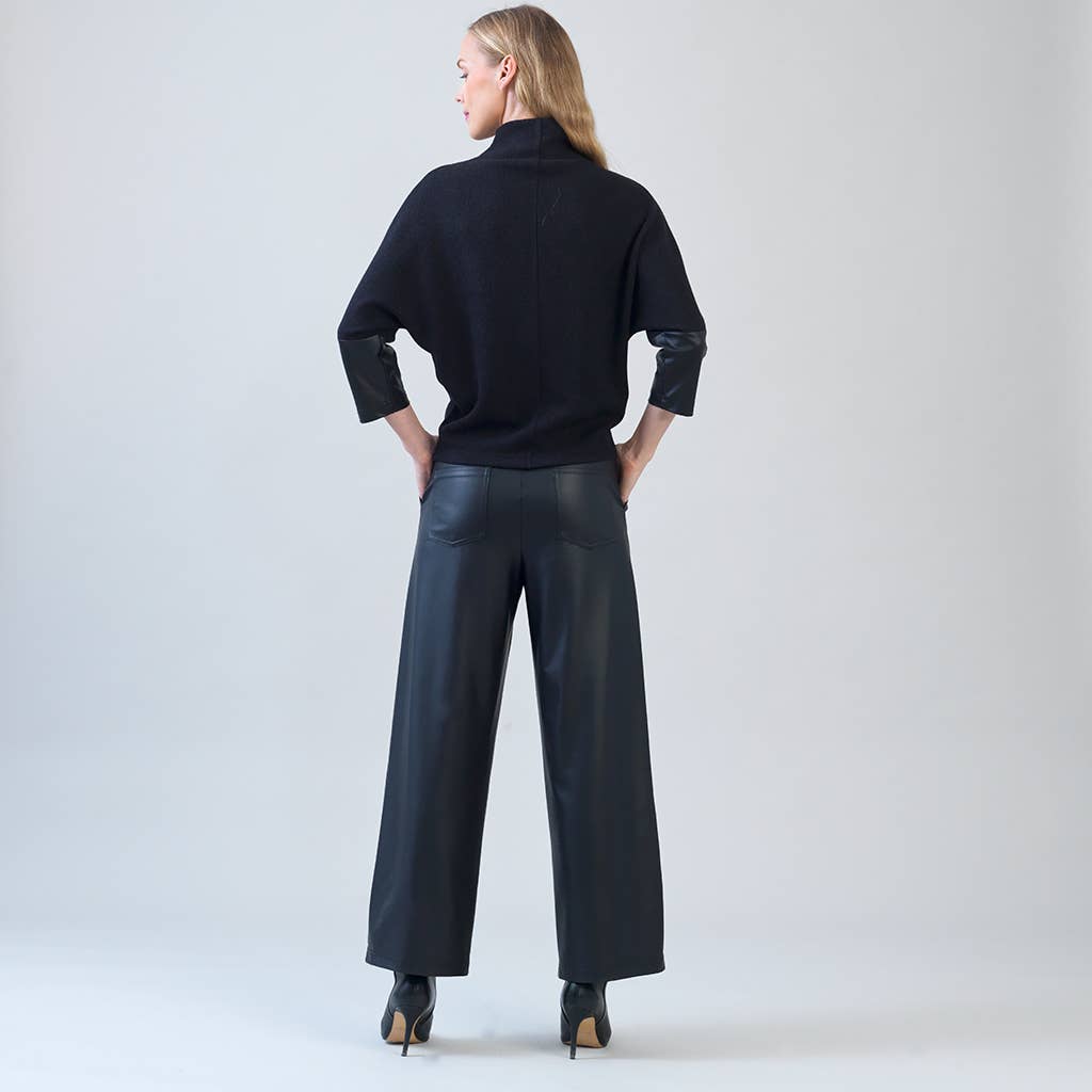 T223WLR - Plush Ribbed - Liquid Leather Cuff Sweater Top: Black / XL
