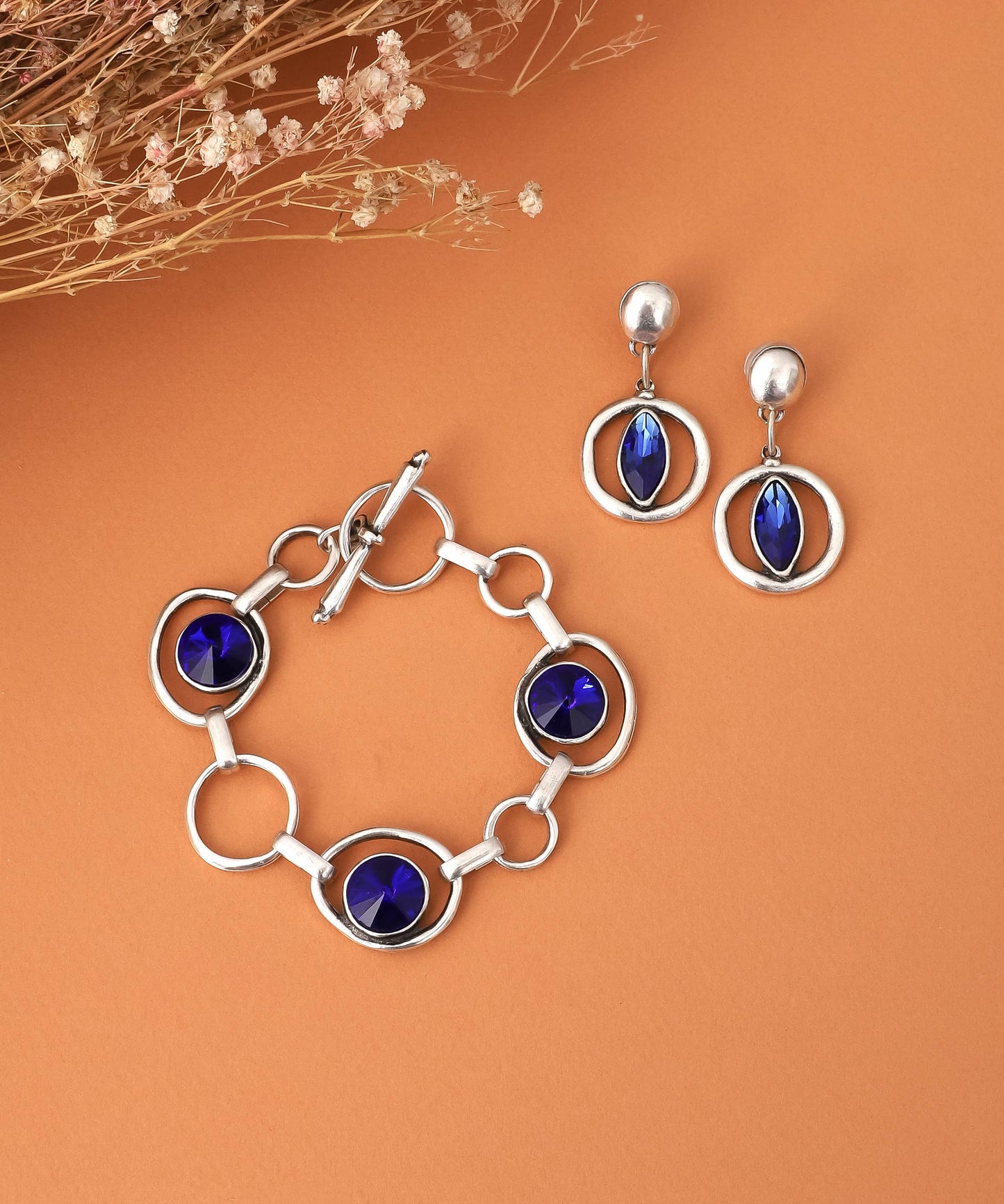 Dark Blue Crystal Stone Circle Earrings & Bracelet Set