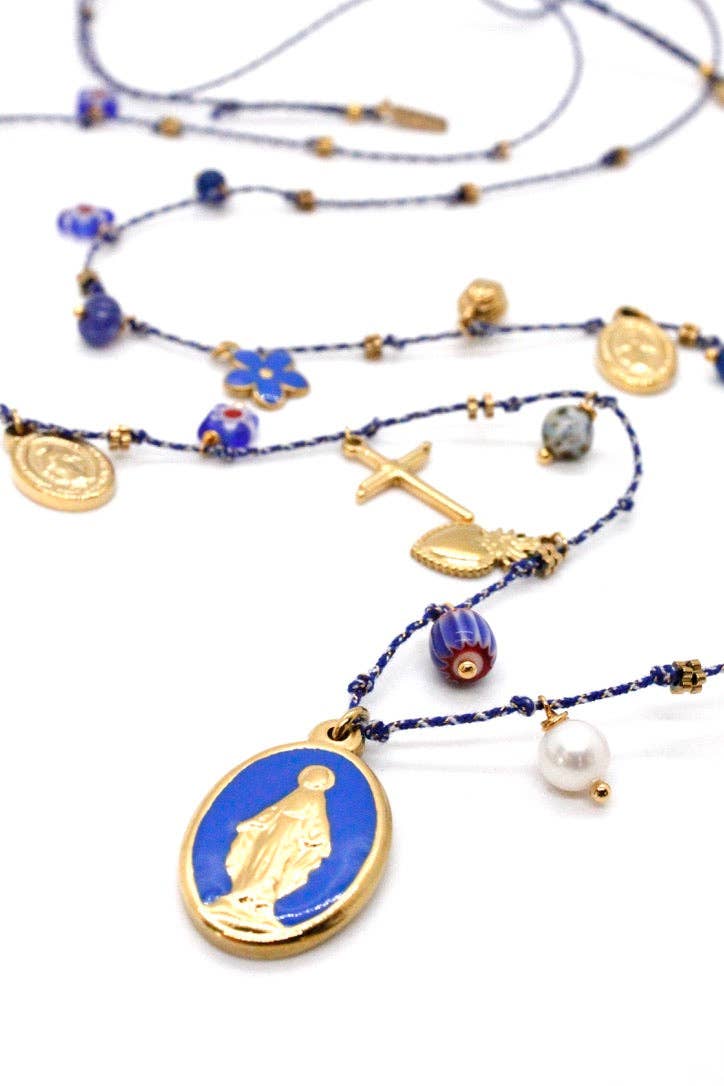 Long Religious Saint and Charm Necklace - N2-2619: Turquoise