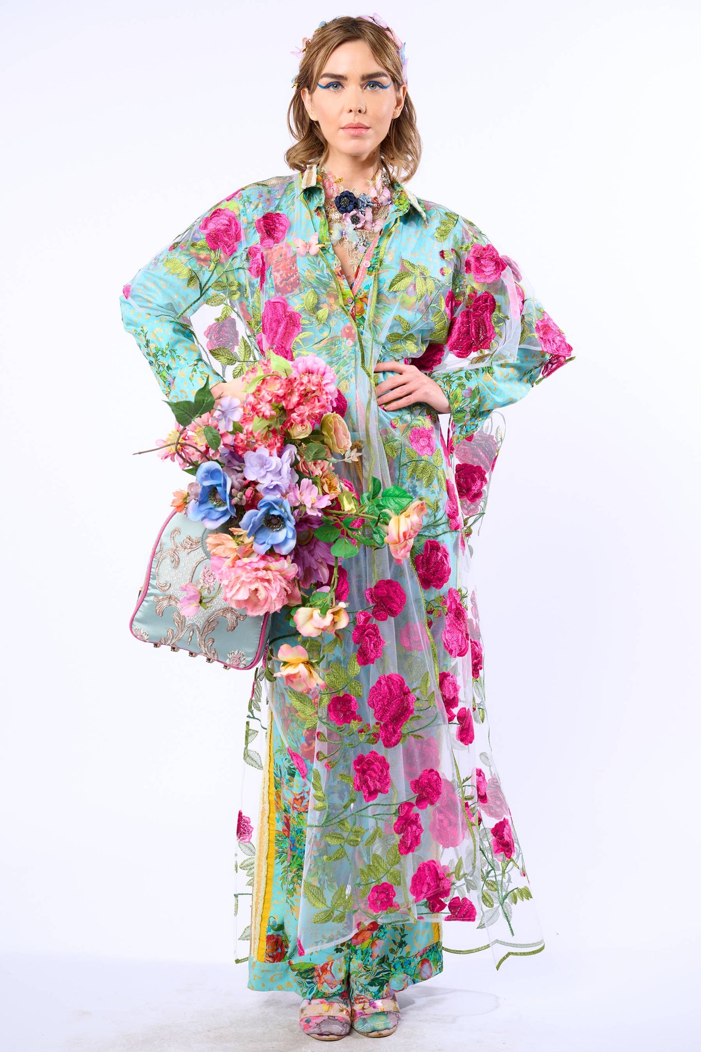 Holiday Of Love Embroidered Mesh Kimono / Topper : Rose Embroidery / One Size