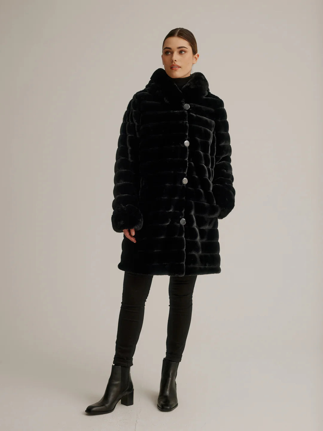 Reversible Luster Faux Fur Coat W/ Hood And Button Front K4129R-335