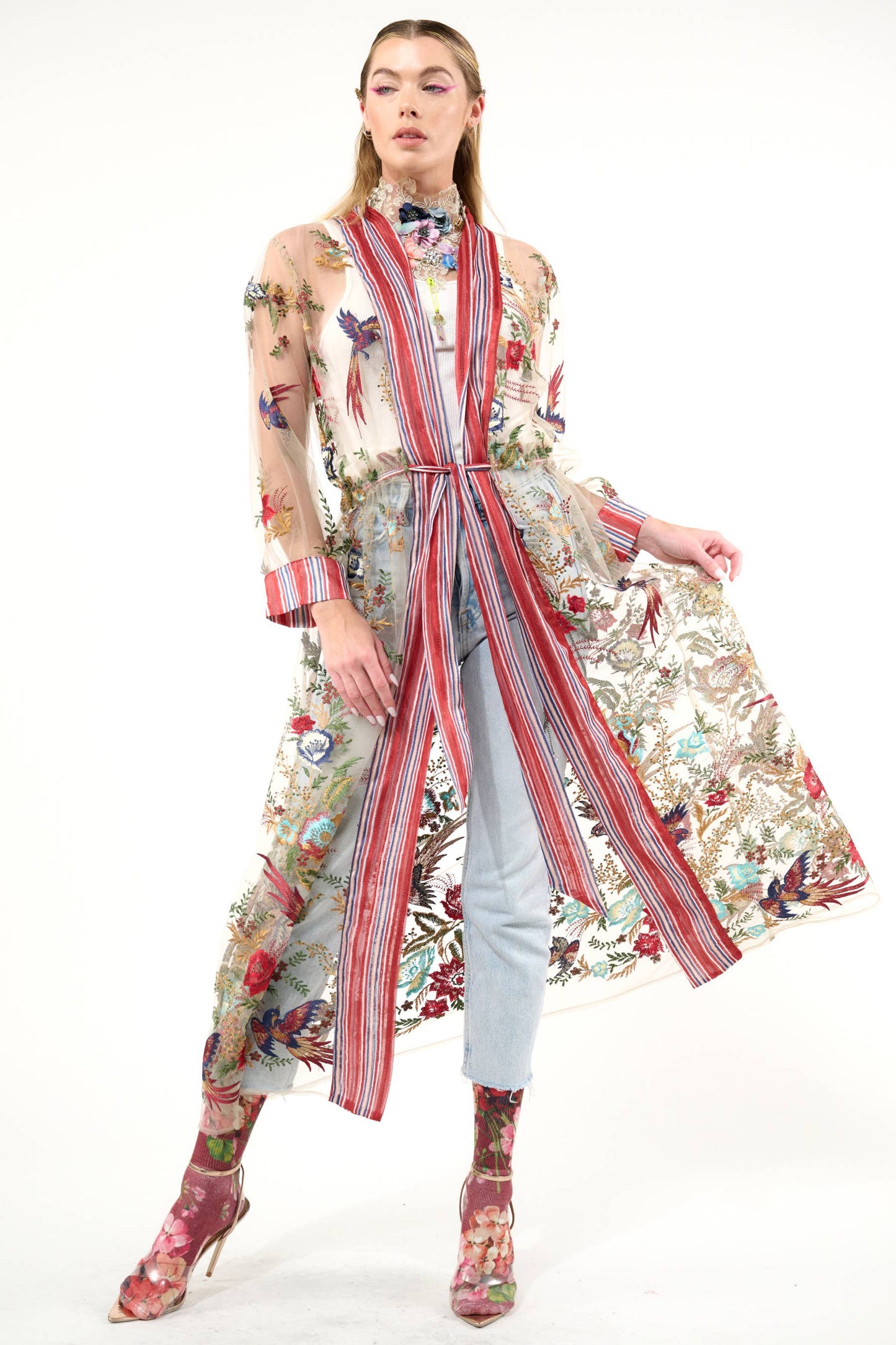 Jade Embroidered Mesh Duster / Topper: Red Stripe/Emb / M