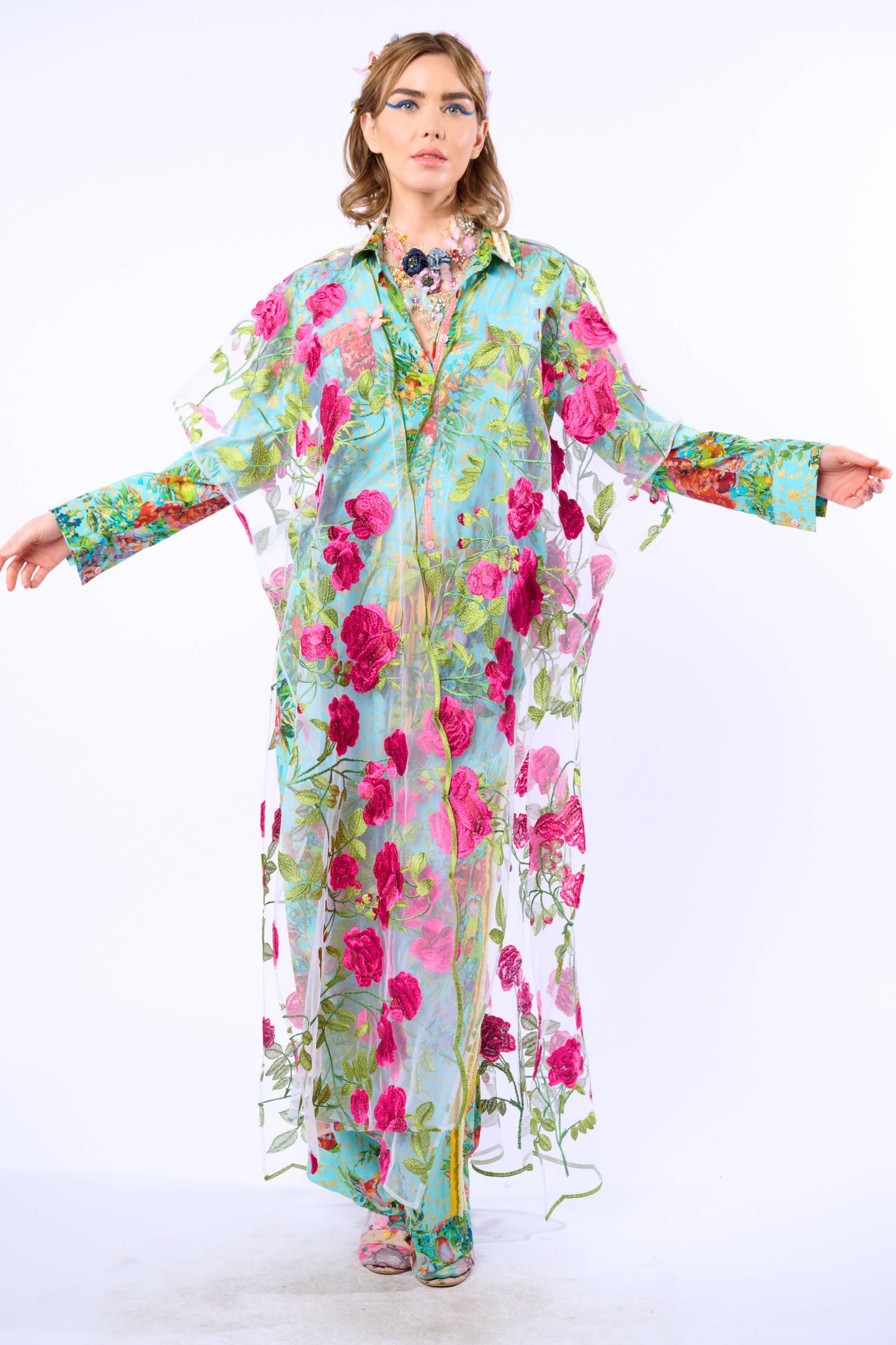 Holiday Of Love Embroidered Mesh Kimono / Topper : Rose Embroidery / One Size
