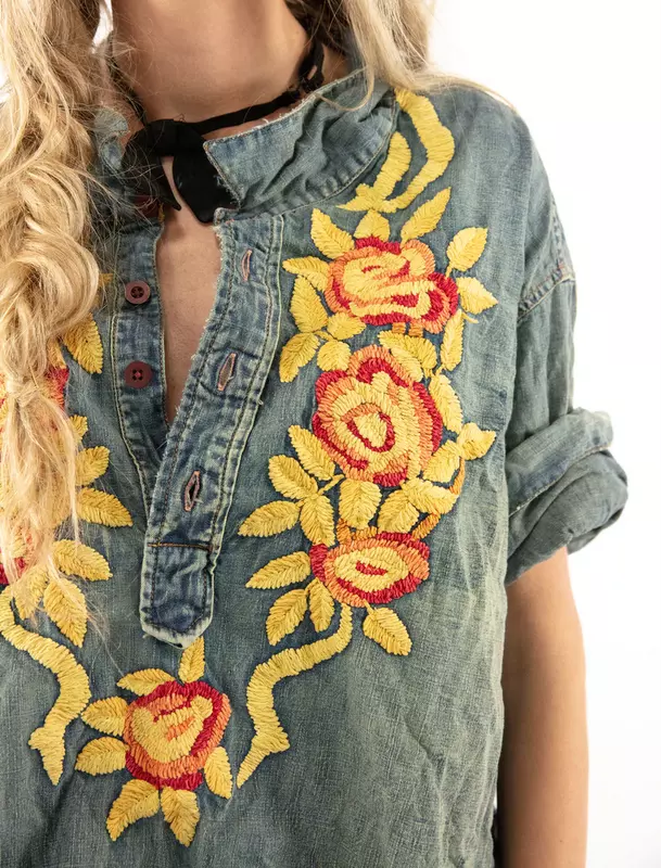 Cotton Denim Embroidered Isabel Floral Shirt 1202 - Magnolia Pearl