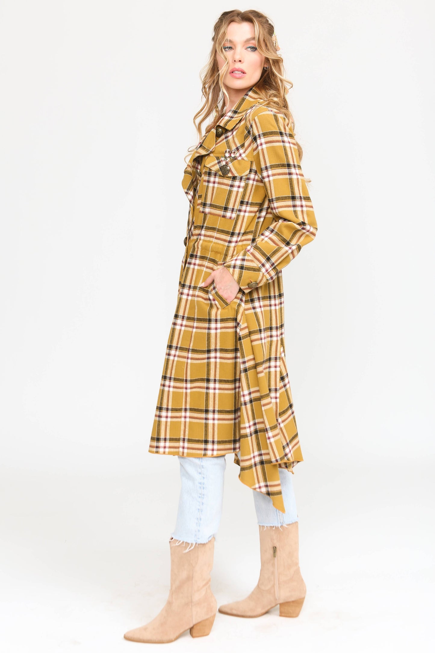 Coco Plaid Trench Coat: Mustard Combo / M
