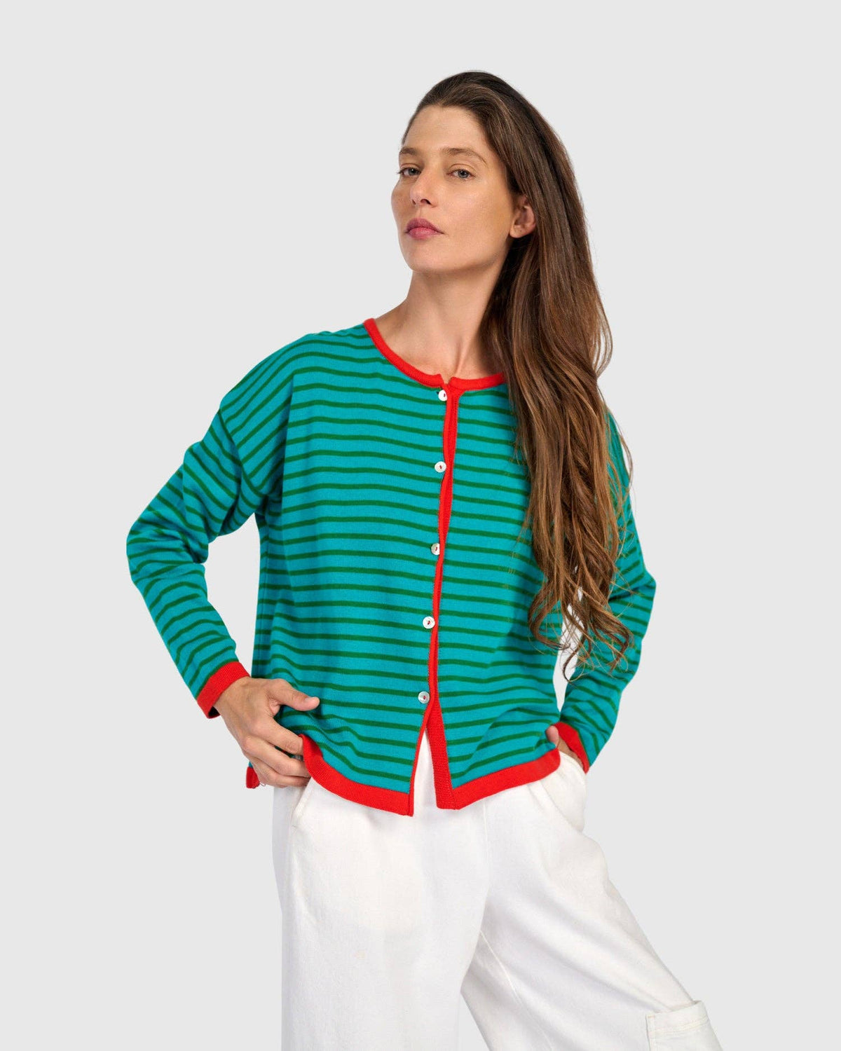 Thimble Trimmed Cardigan, Teal: Green / ONE SIZE