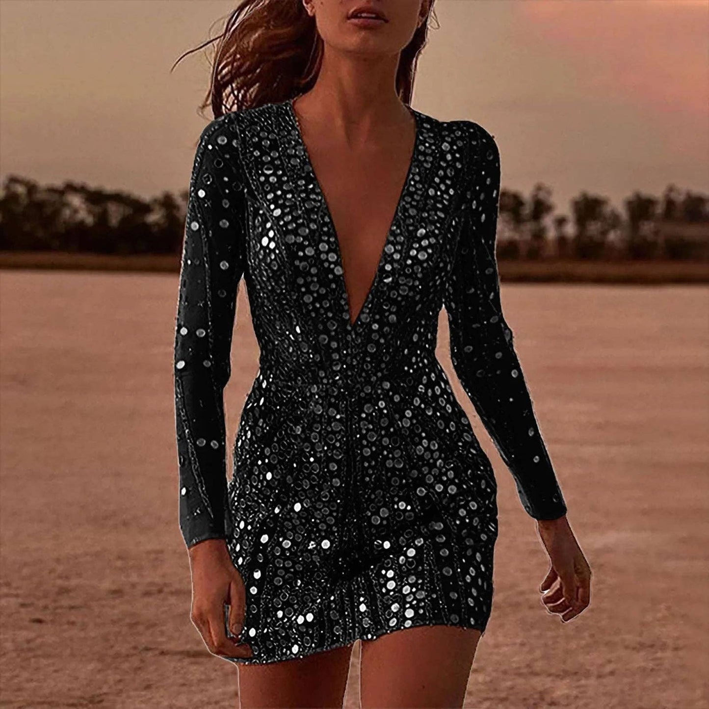 Deep V Sequin Long Sleeve Dress for Women: Green / M