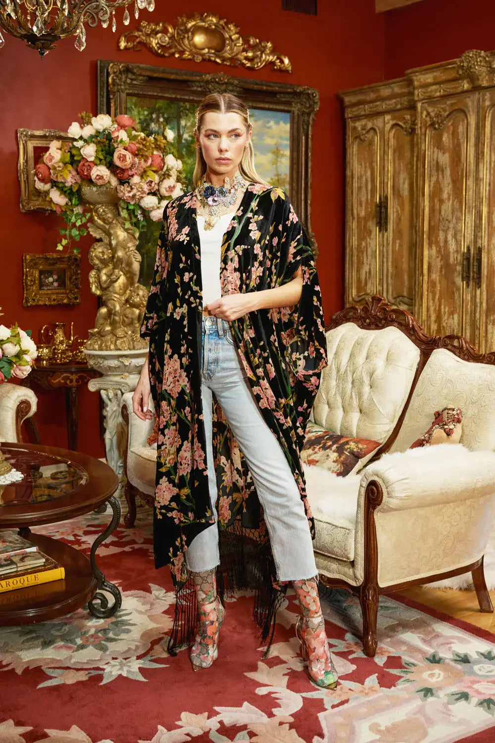 Holiday Garden Burnout Velvet Kimono / Topper : Black Burnout / One Size