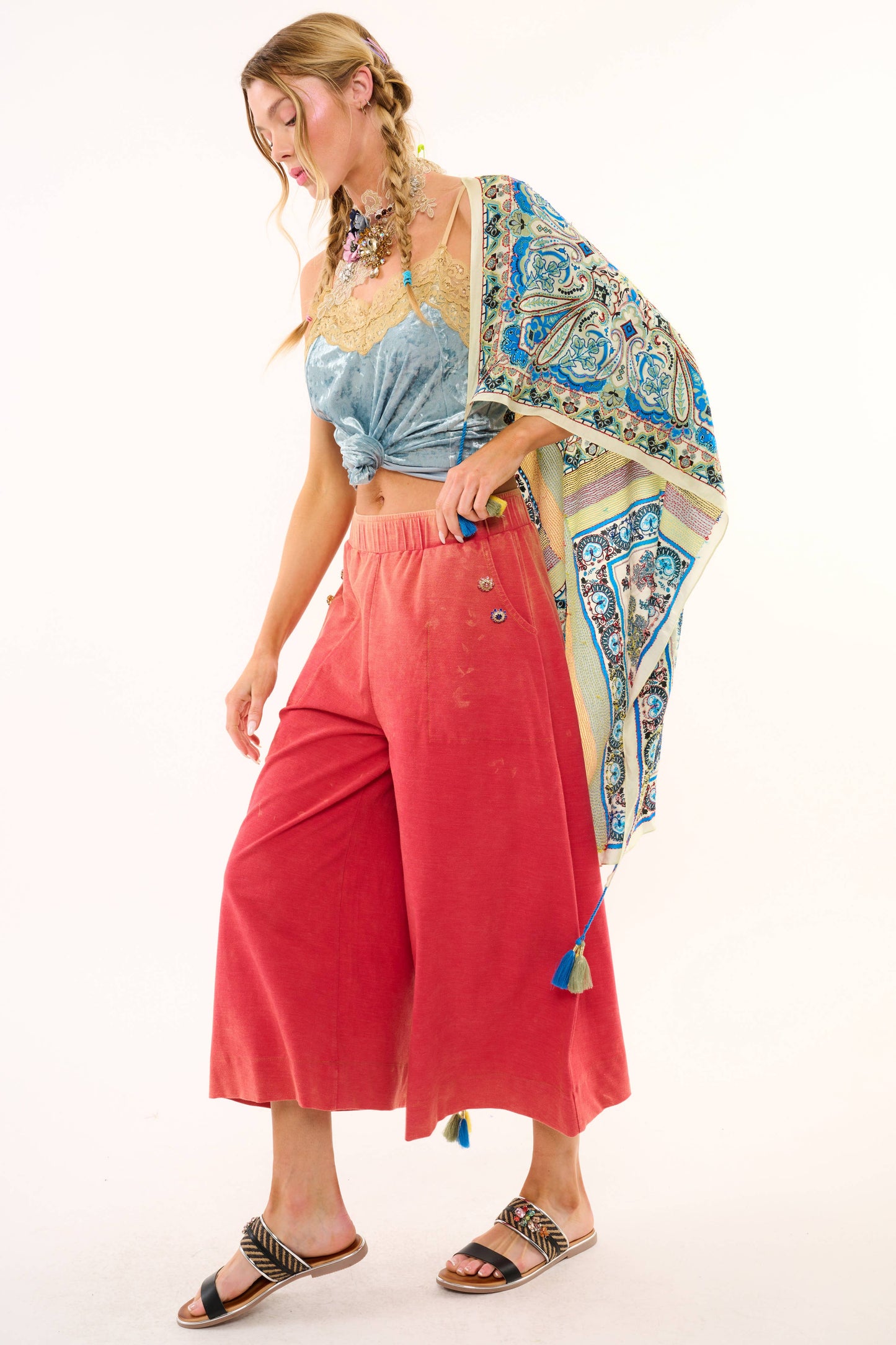 Crafted Hand Stitched Silk Scarf: Sage/Blue Combo / One Size