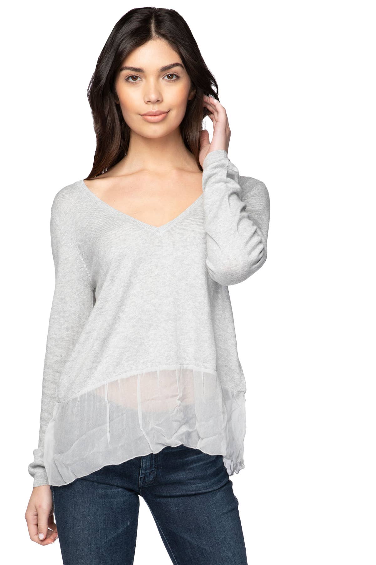Luxury V-Neck Sweater with Silk Chiffon Elegance