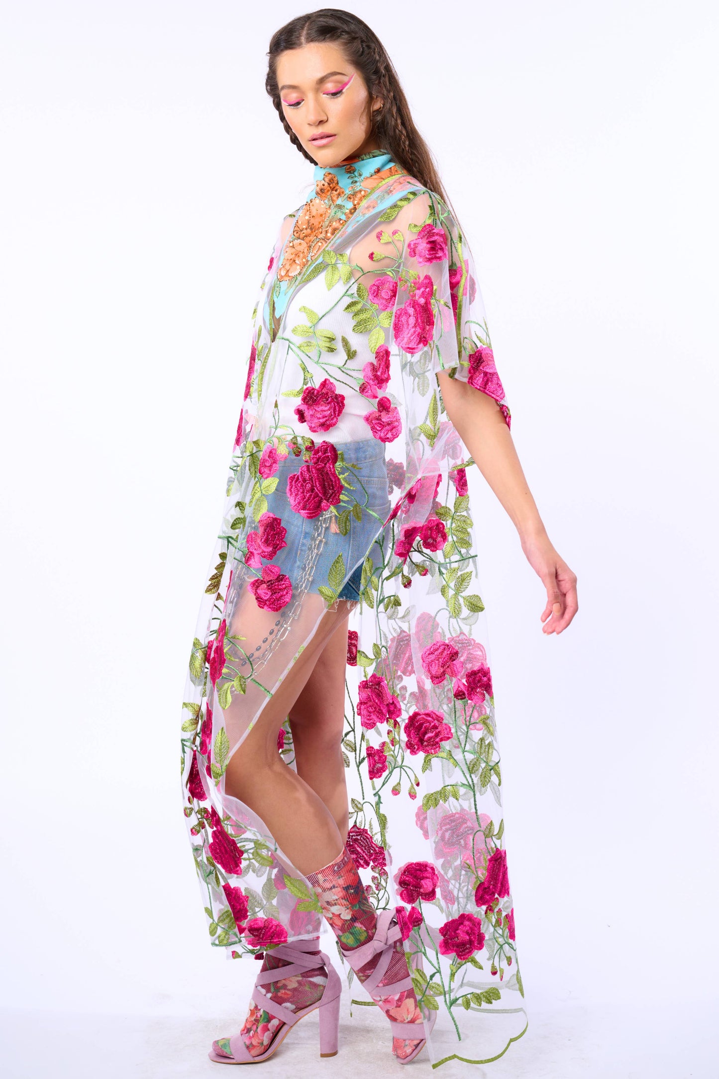 Holiday Of Love Embroidered Mesh Kimono / Topper : Rose Embroidery / One Size