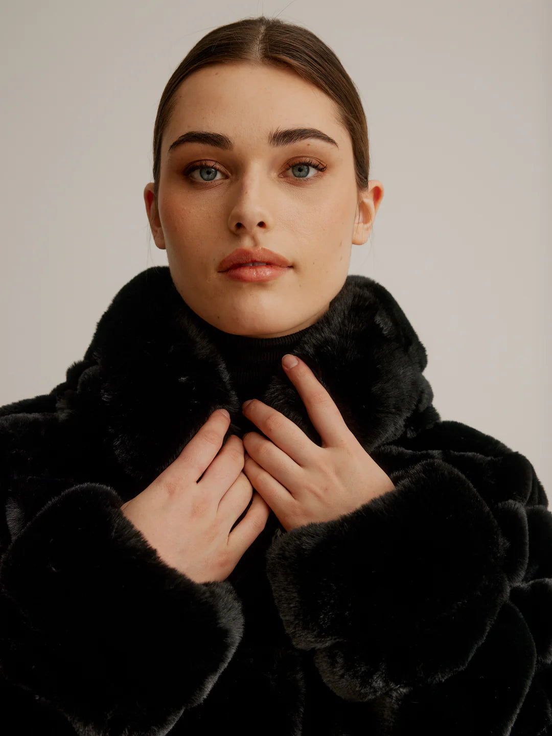 Reversible Luster Faux Fur Coat W/ Hood And Button Front K4129R-335
