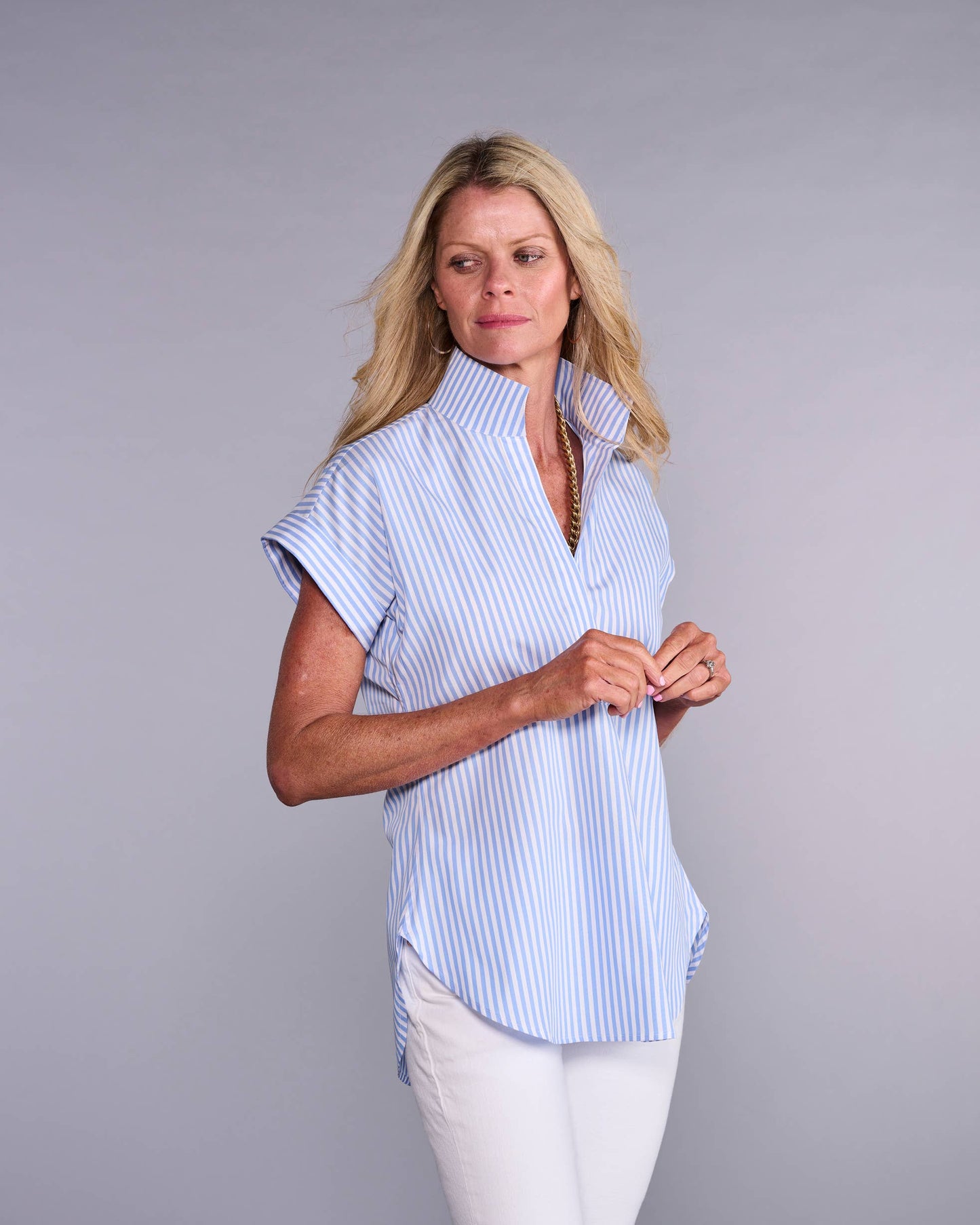 The Cap Sleeve League Blouse in Lapis Blue Stripe: XL
