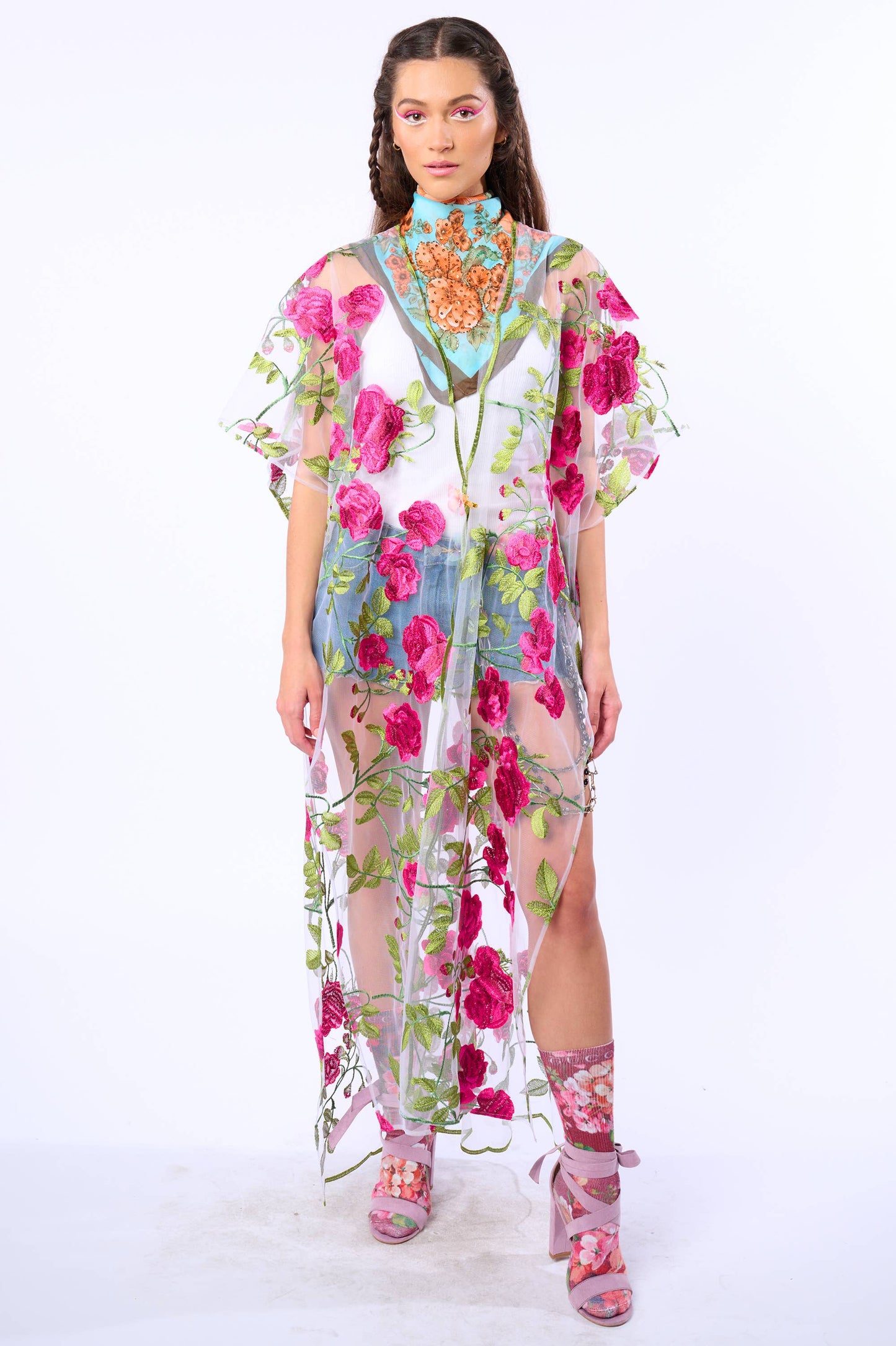 Holiday Of Love Embroidered Mesh Kimono / Topper : Rose Embroidery / One Size