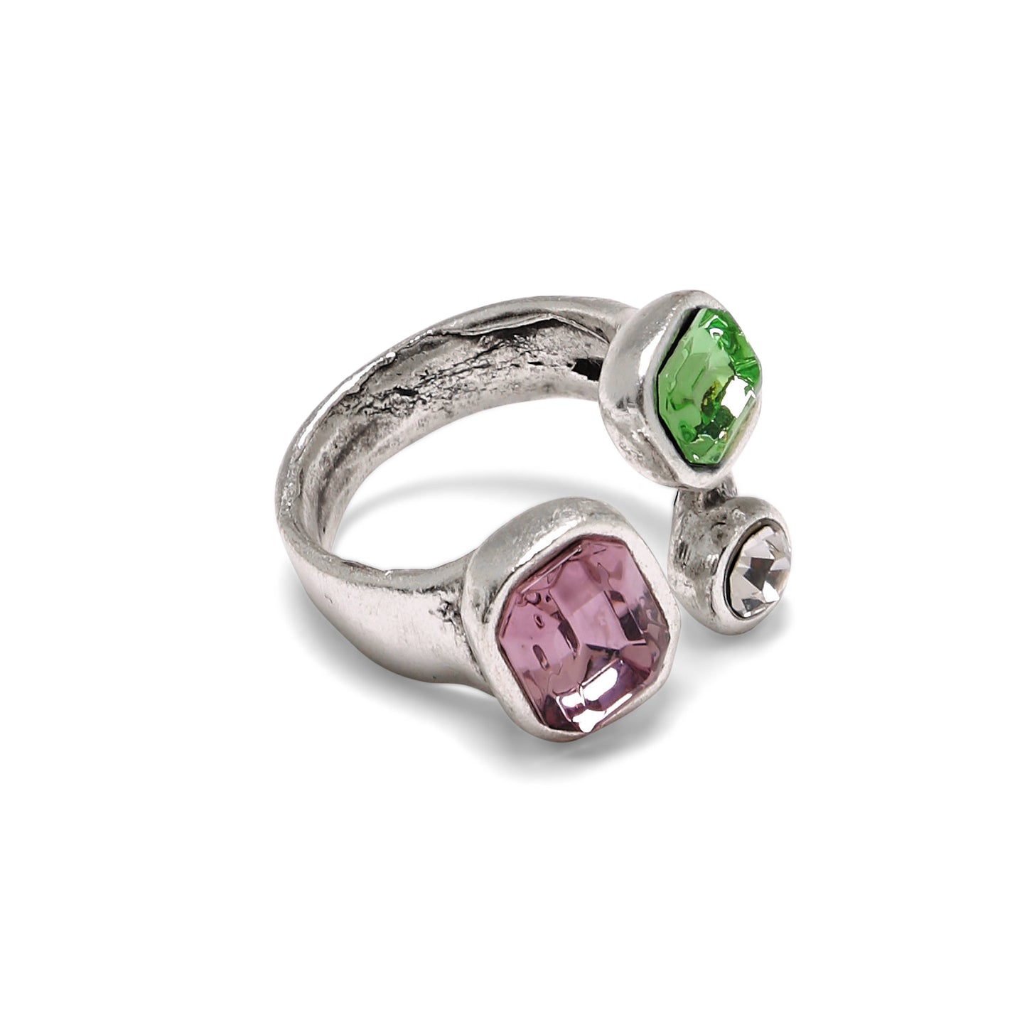 Handmade Green Pink Crystal Brass Ring - 6986