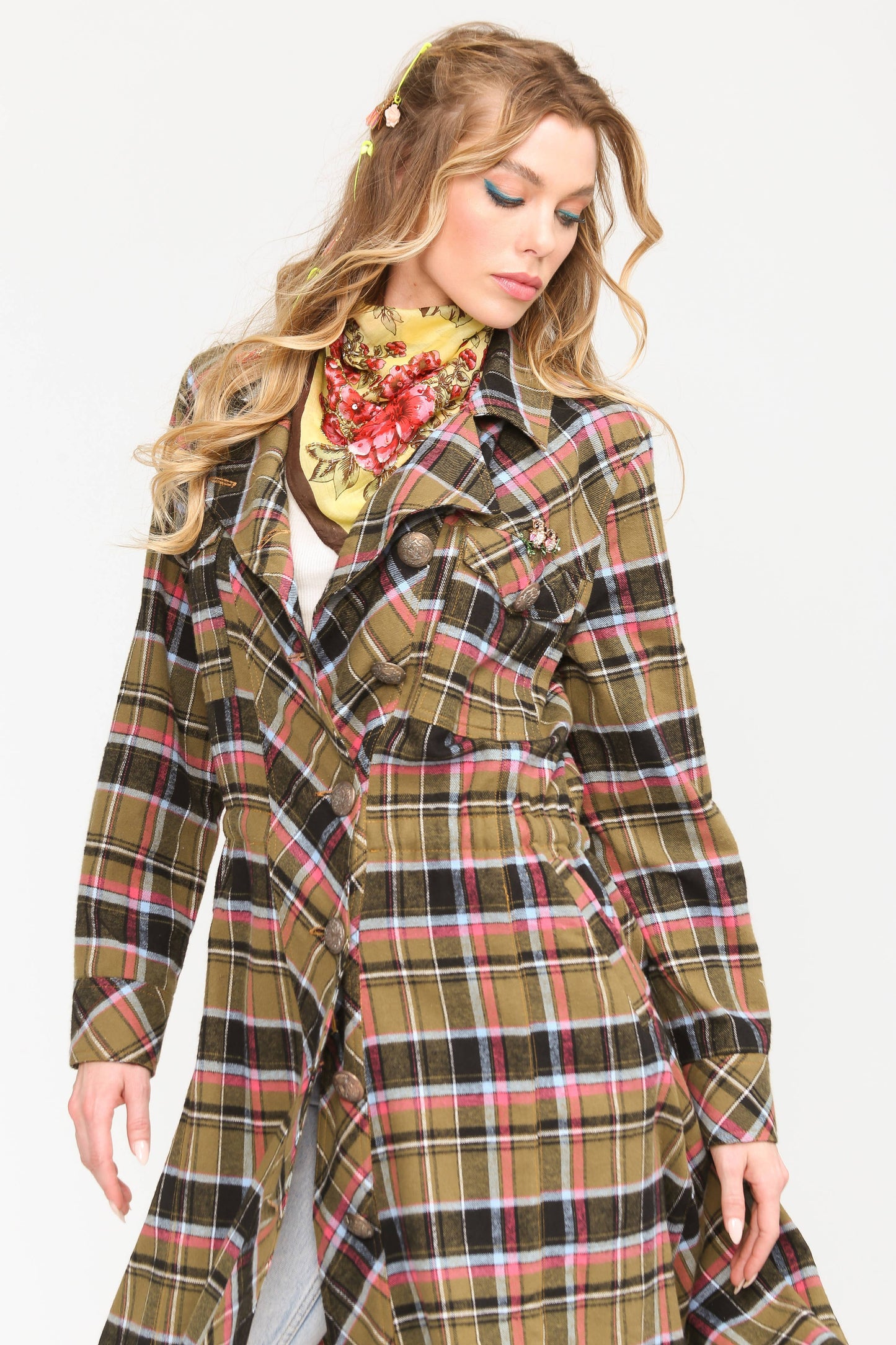 Coco Plaid Trench Coat: Black/Fuschia / L