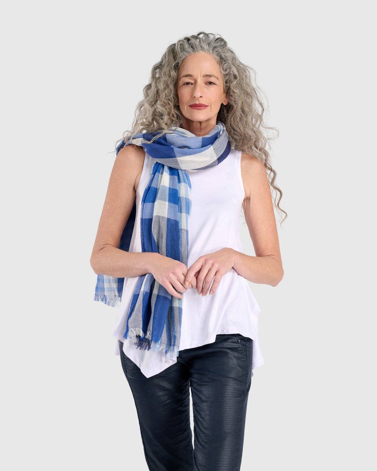 Spirulina Plaid Scarf, Blue: NAVY / ONE SIZE