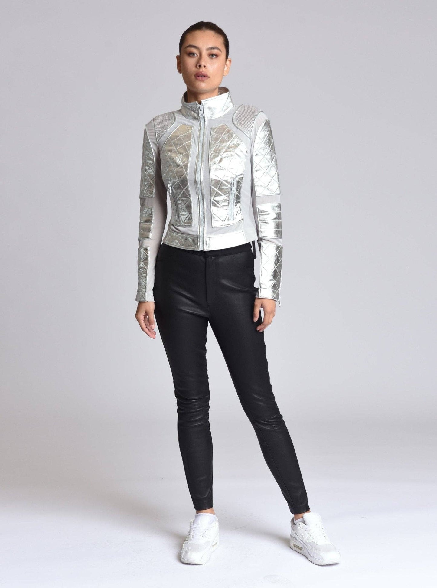 Metallic Moto Mesh Jacket Silver Star JLS - Blanc Noir