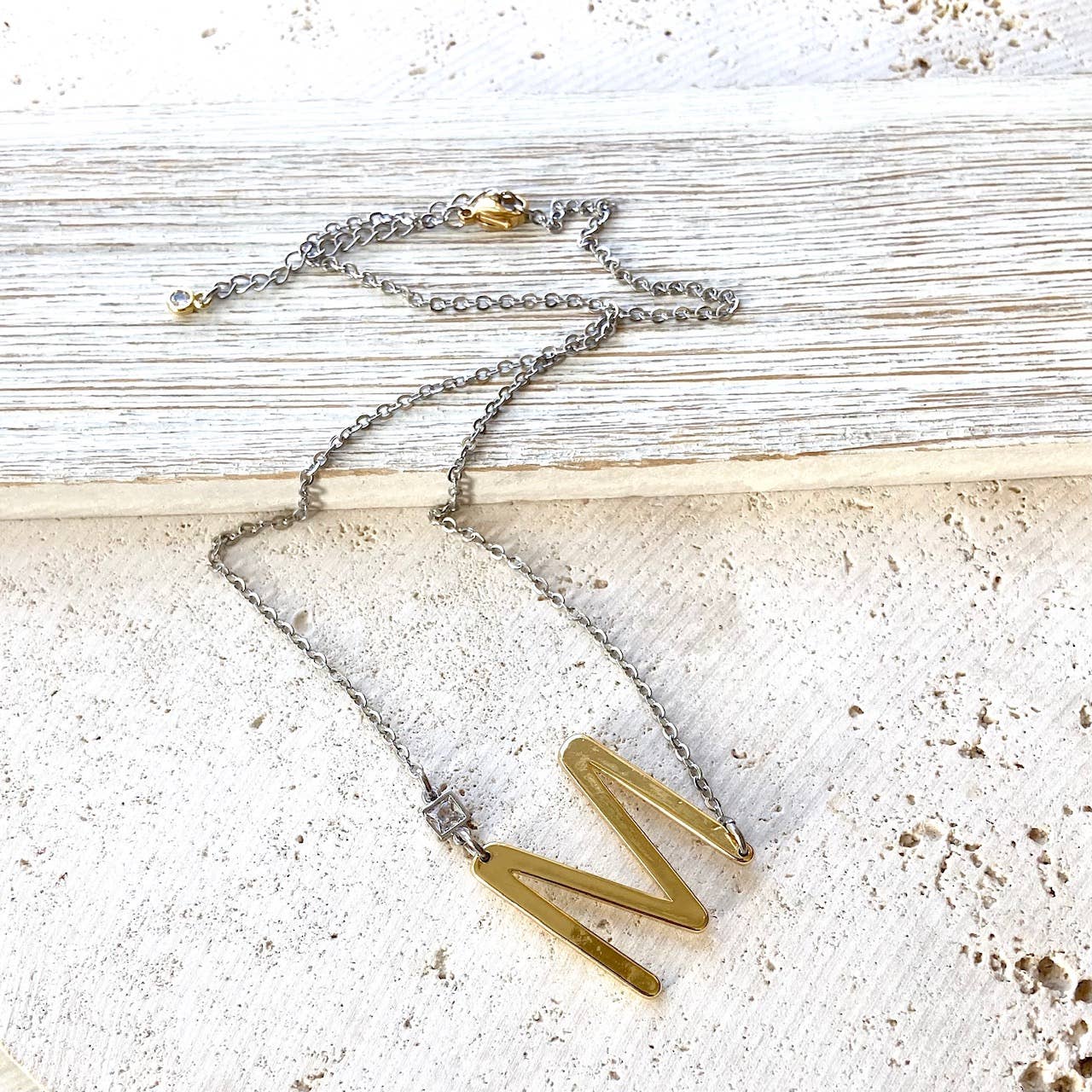 Simple initial mixed metal necklace non tarnish jewelry: Mixed Metal w/Crystal / H