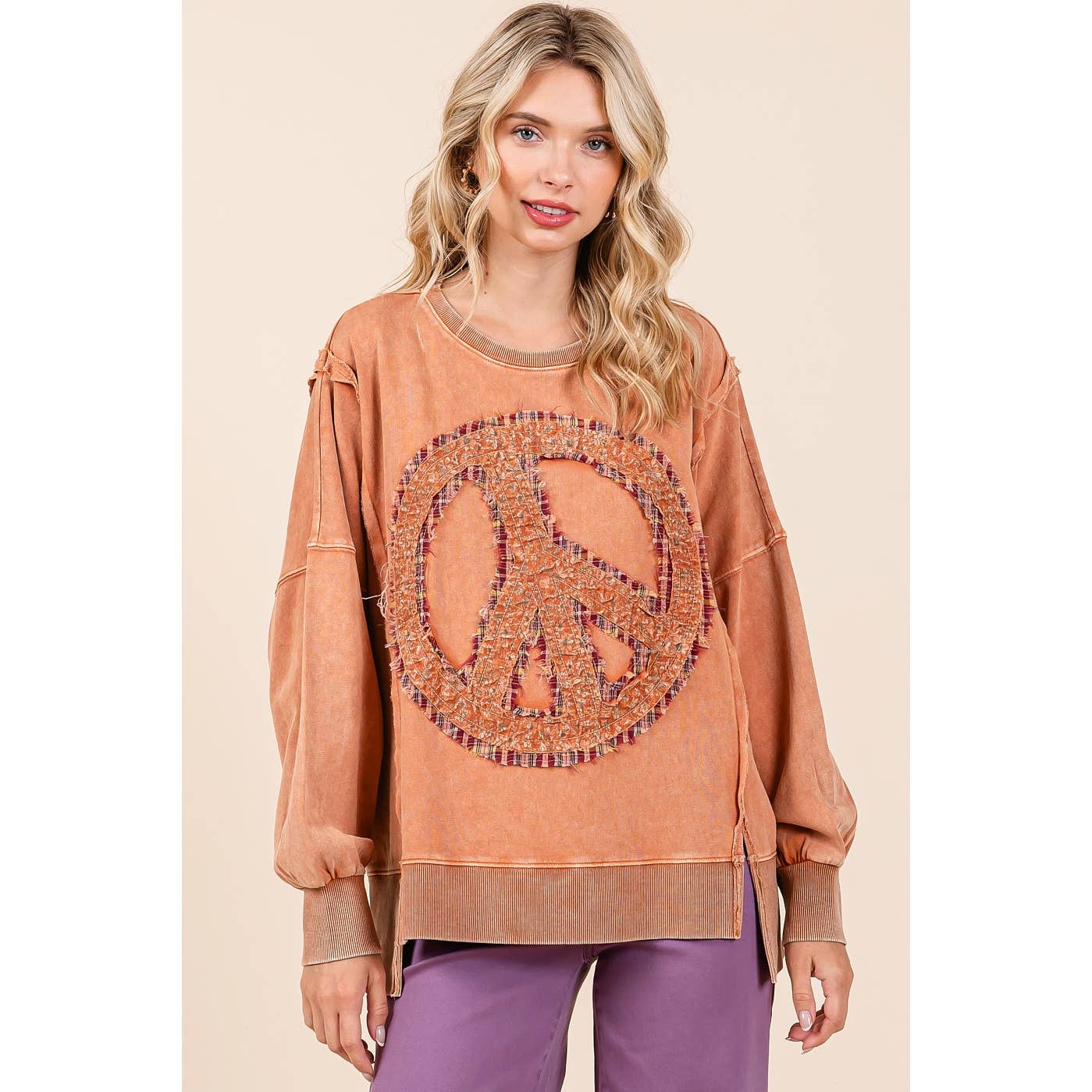 PEACE SIGN PATCH MINERAL WASH SWEATSHIRT: OLIVE / S/M-M/L(3-3)