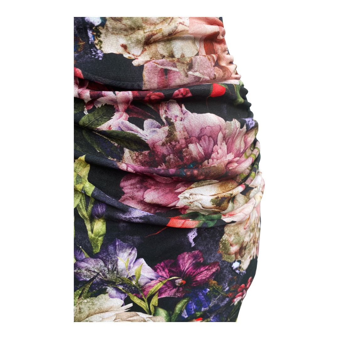 Marguerite Strapless Ruched Knee Length Floral Dress: XS