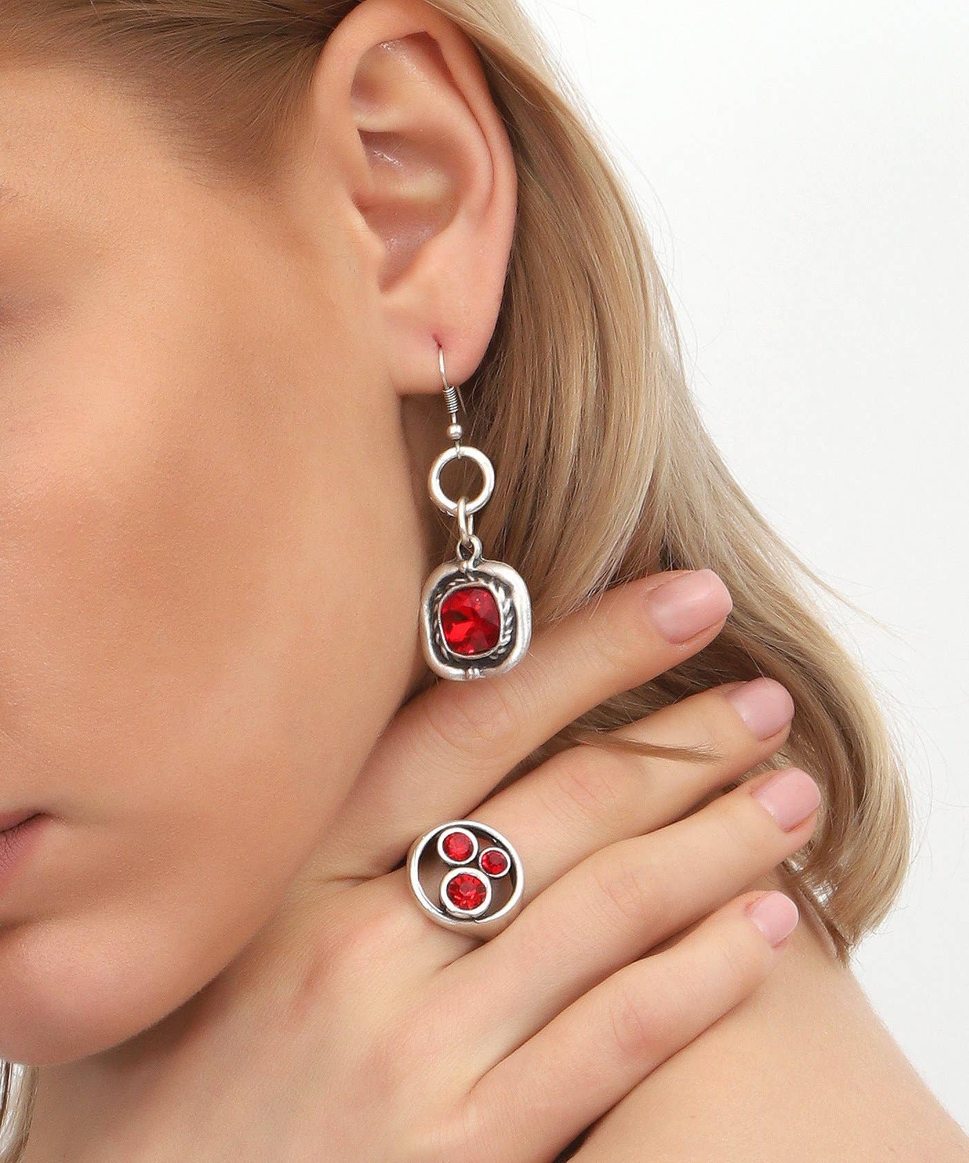Red Crystal Stone Combined Ring Set: Silver / Brass