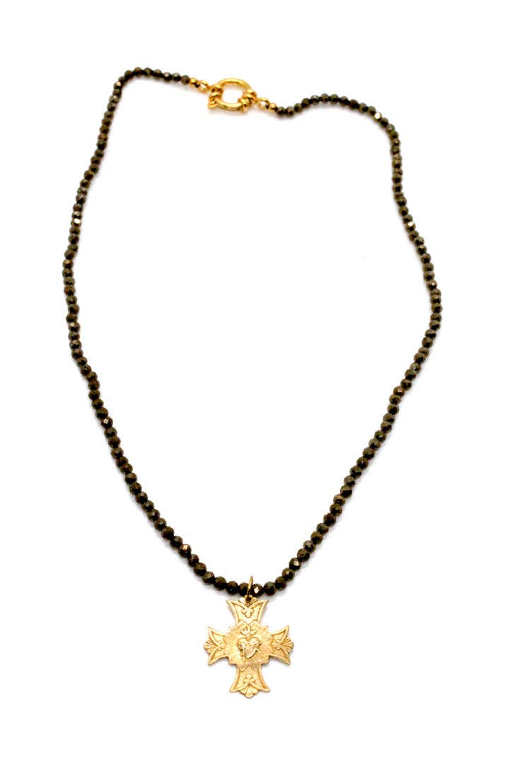 Faceted Pyrite Short Necklace with Cross Heart French Religious Charm -French Medals Collection- N6-009