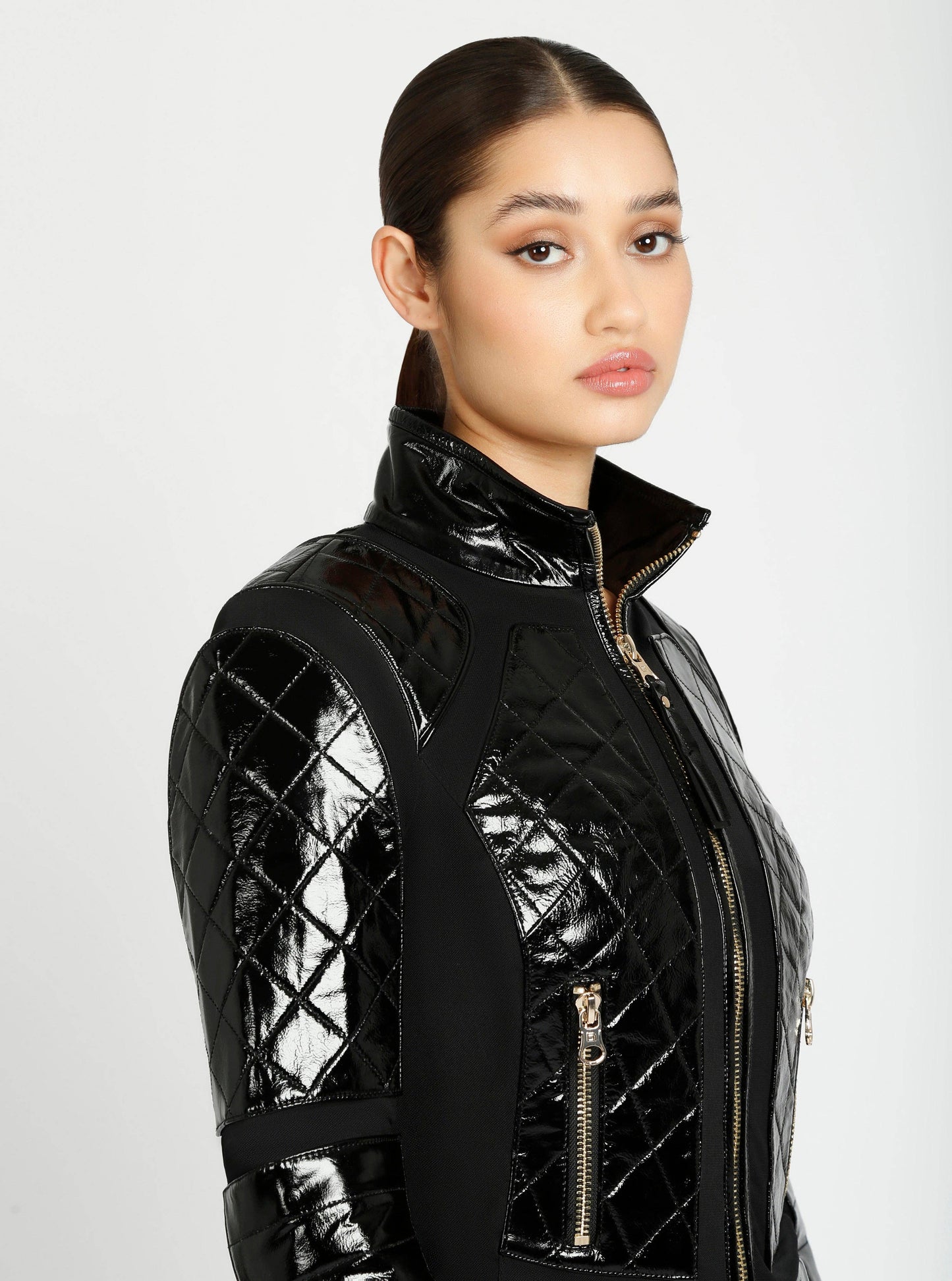 Crushed Patent Leather Gold Mesh Moto JLS - Blanc Noir