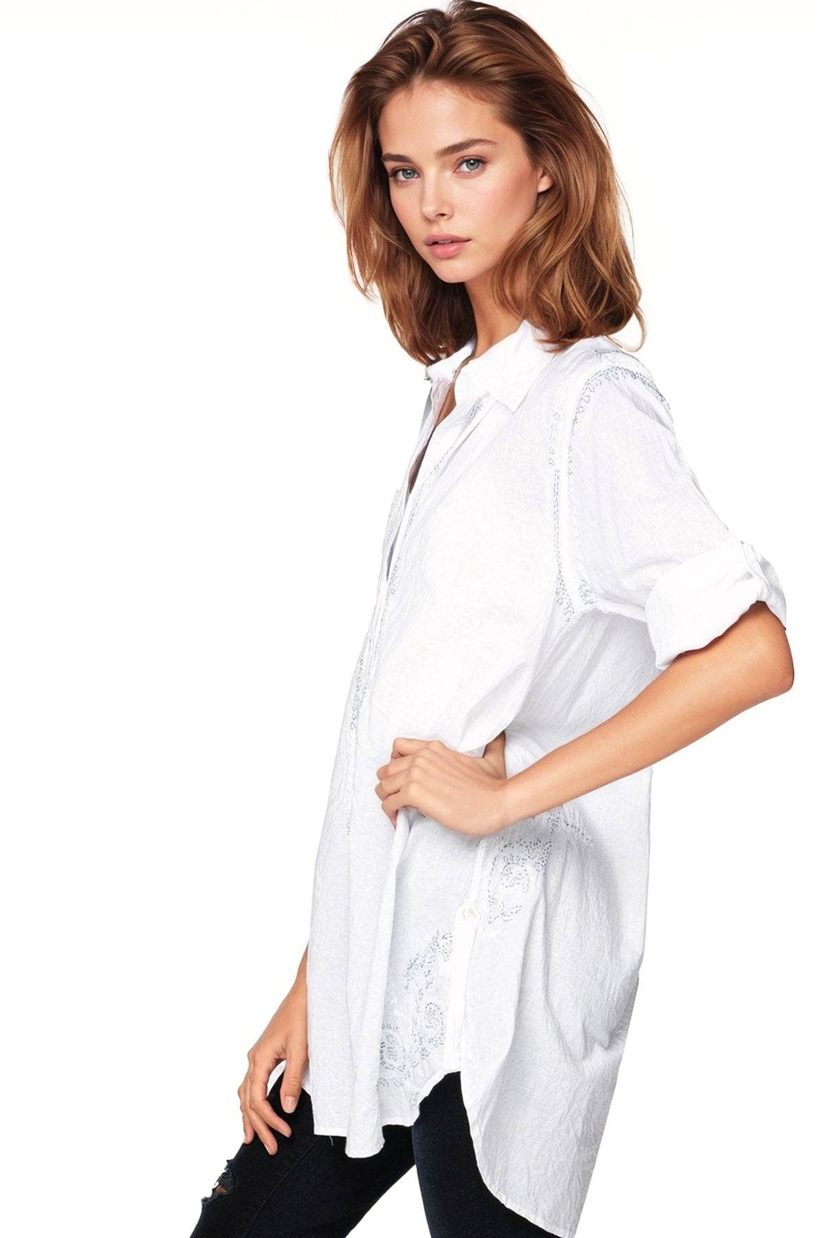 Boyfriend White Cotton Shirt with Lurex Embroidery - Subtle Luxury