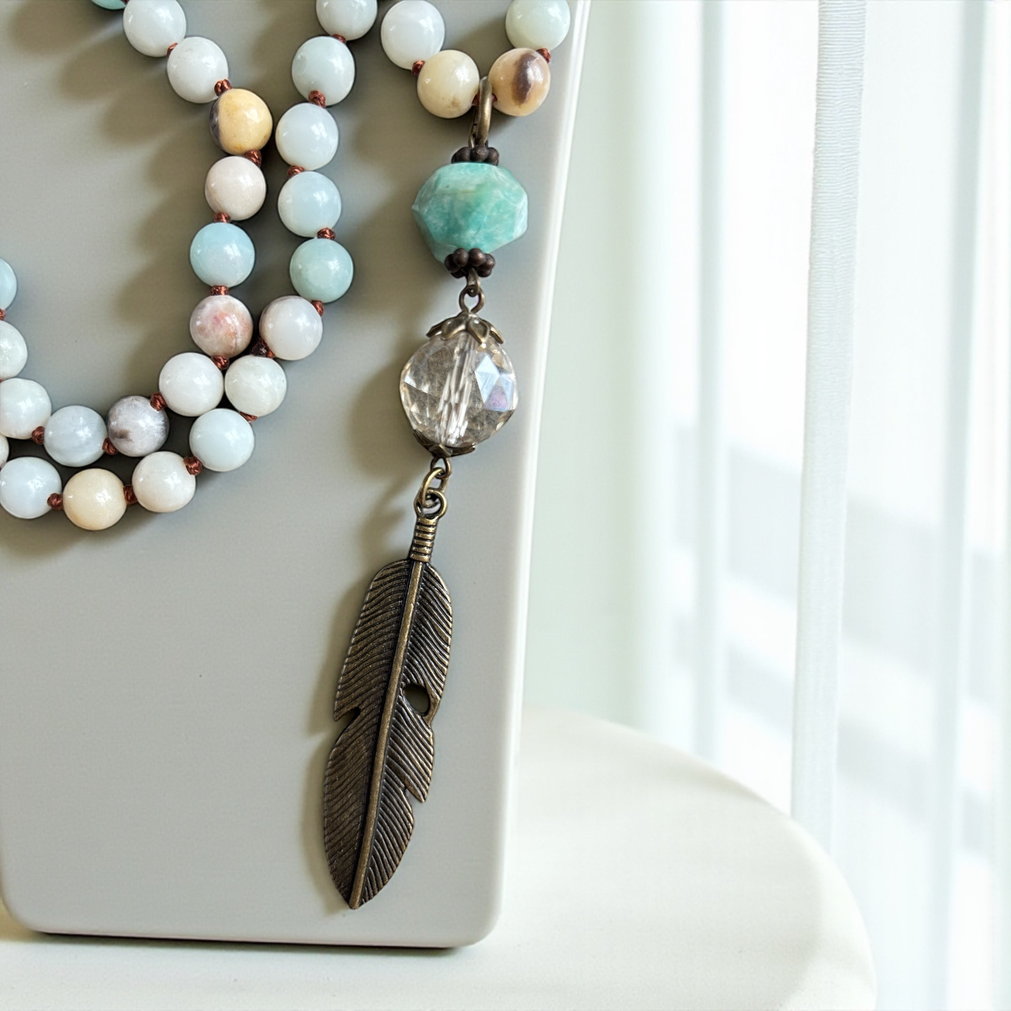 Amazonite Necklace with Green & Feather Pendant