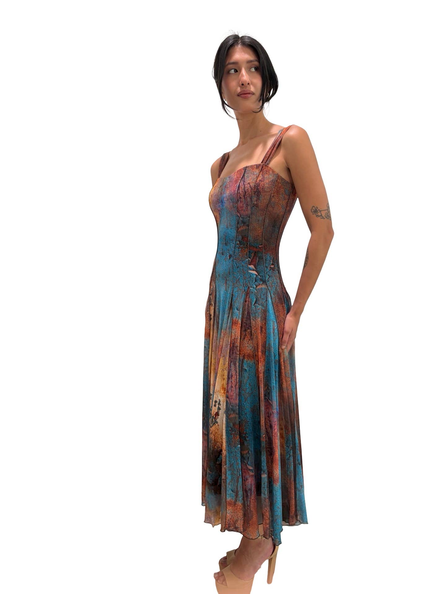 MONET Sleeveless Tea Length Fit N Flare Paneled Dress : L