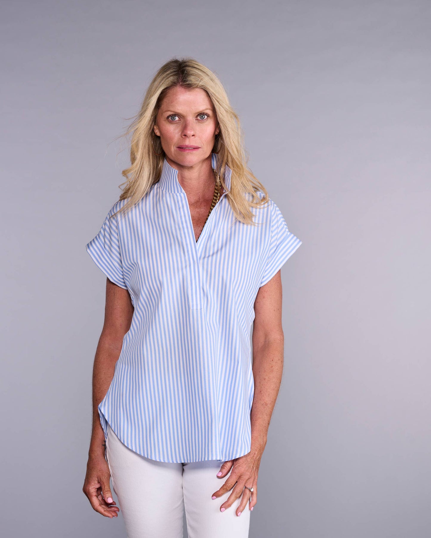 The Cap Sleeve League Blouse in Lapis Blue Stripe: XL