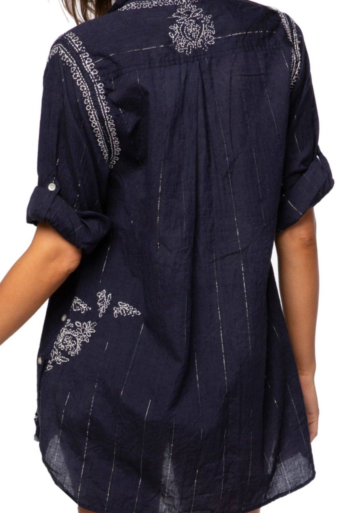 Boyfriend Embroidery Shirt in Cotton Chambray with Lurex: #DDL-Dark Denim w/Silver / 100% Cotton / XS/S