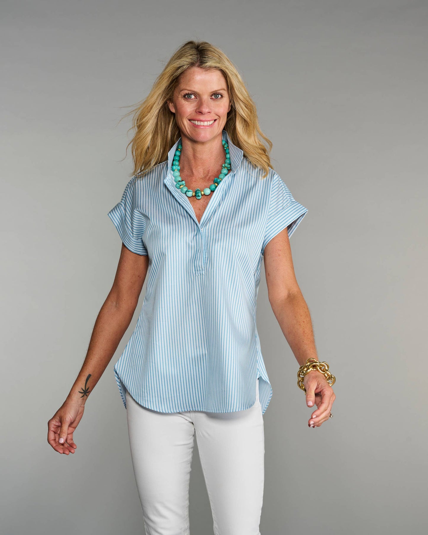 The Cap Sleeve League Blouse Sea Glass Stripe: Blue / S