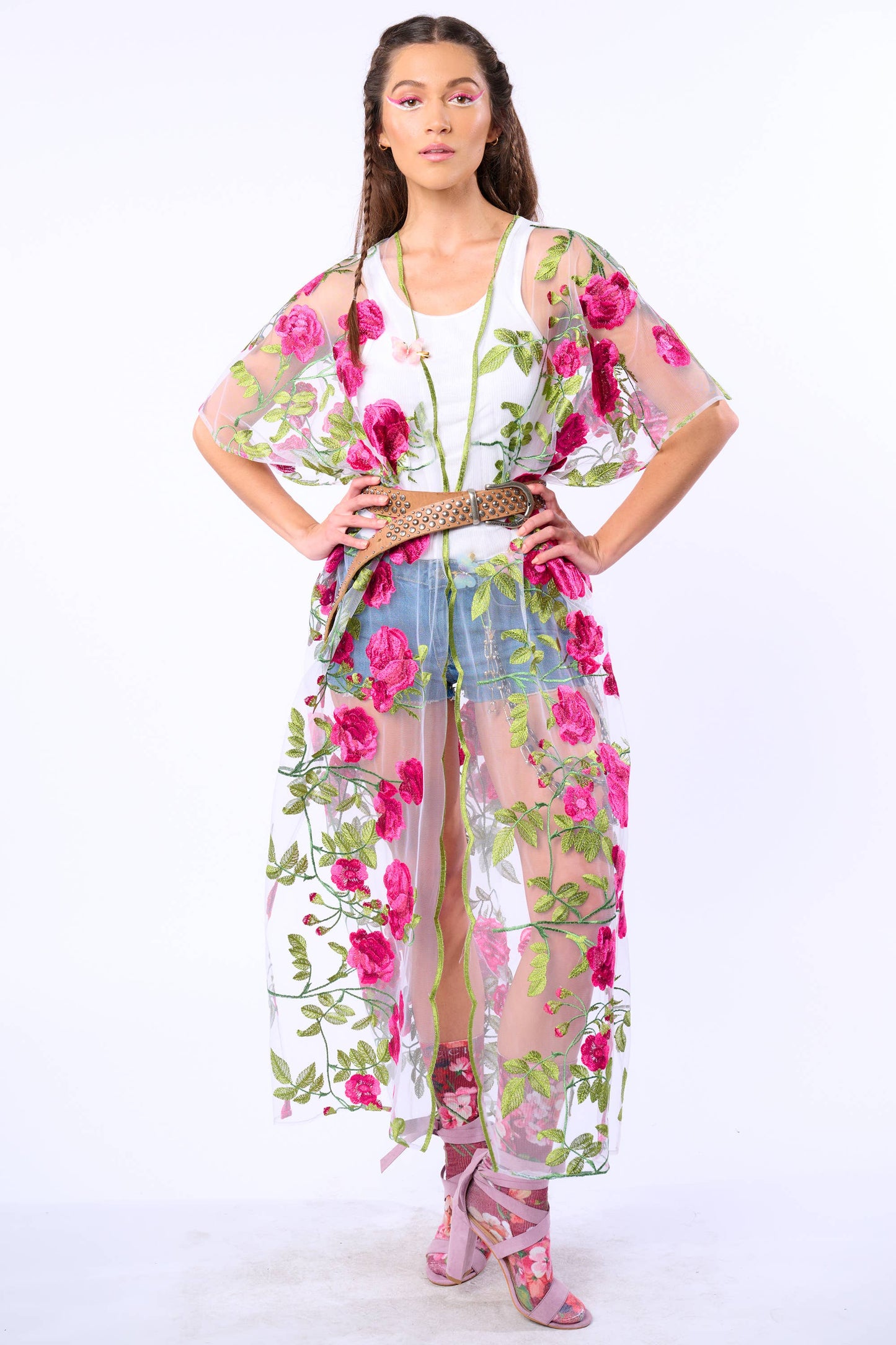 Holiday Of Love Embroidered Mesh Kimono / Topper : Rose Embroidery / One Size