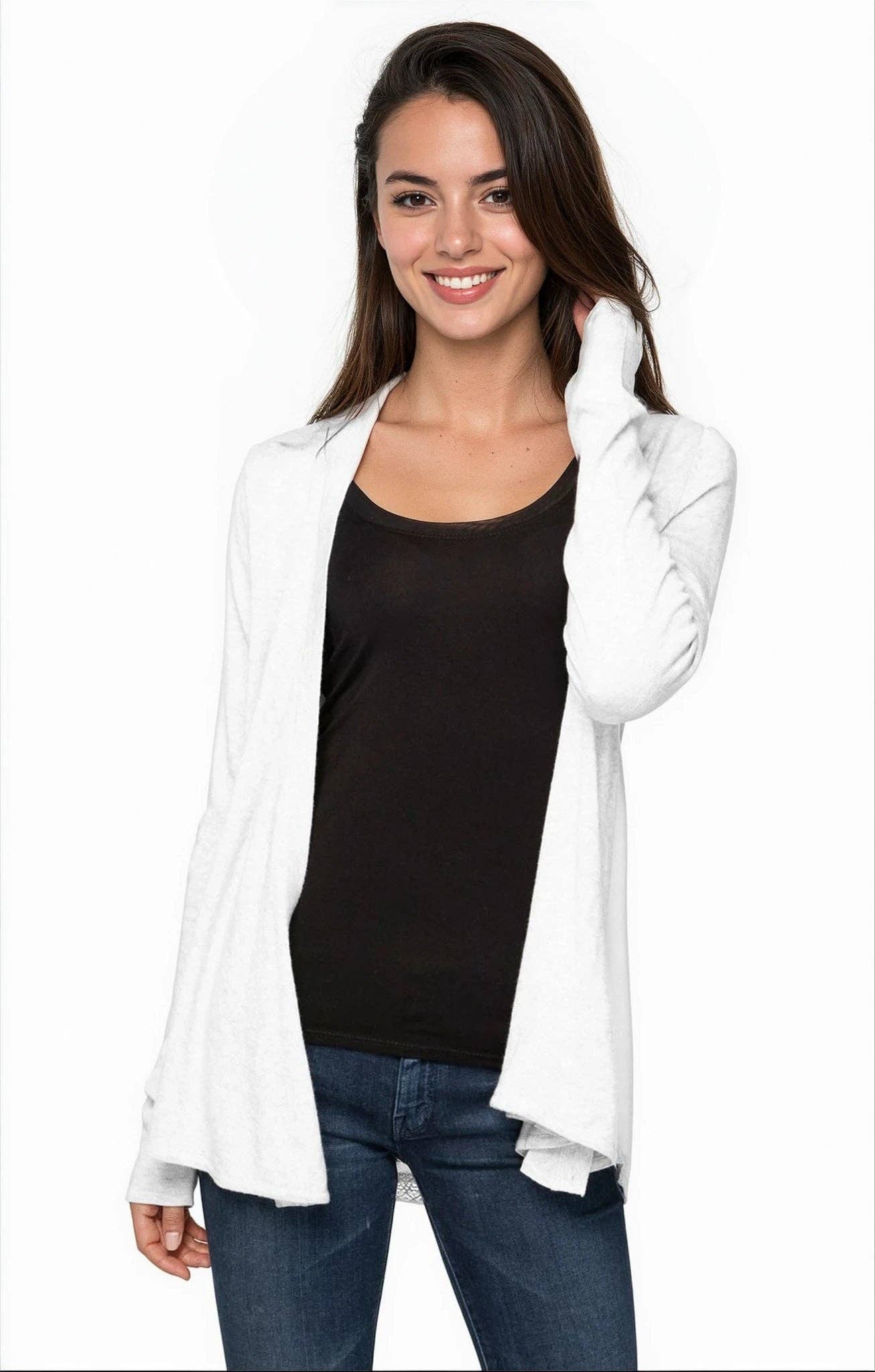 Effortless Silk Chiffon Panel Back Sweater Knit 2-Way Cardigan Wrap: Capri / S/M
