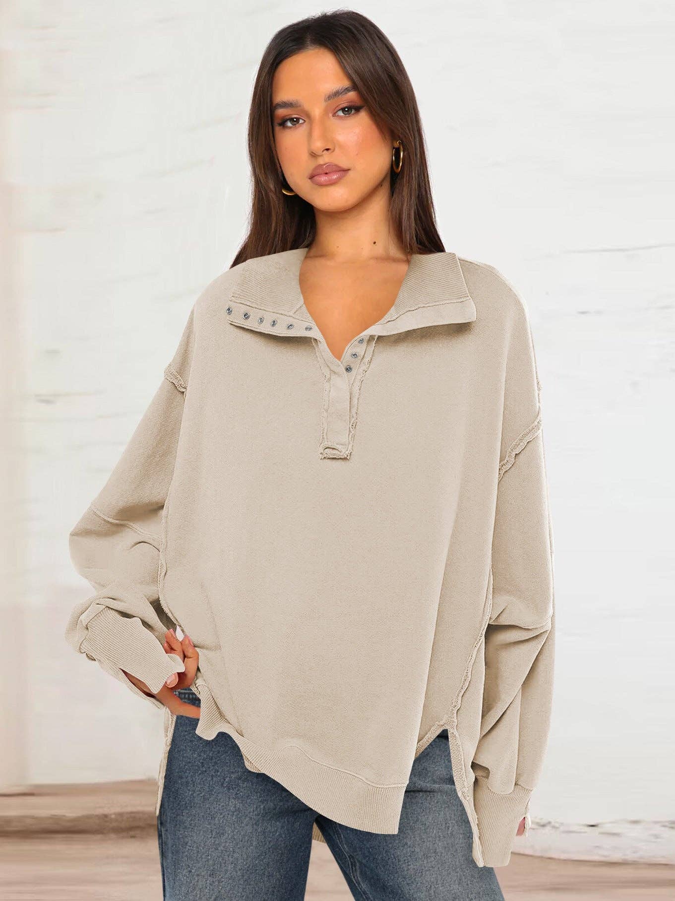 Trendy Casual Polo Neck Sweatshirt with Lantern Sleeves: E24W0340-006 / S