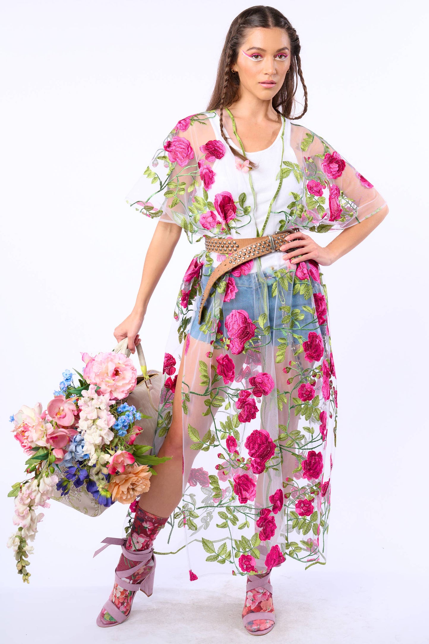 Holiday Of Love Embroidered Mesh Kimono / Topper : Rose Embroidery / One Size