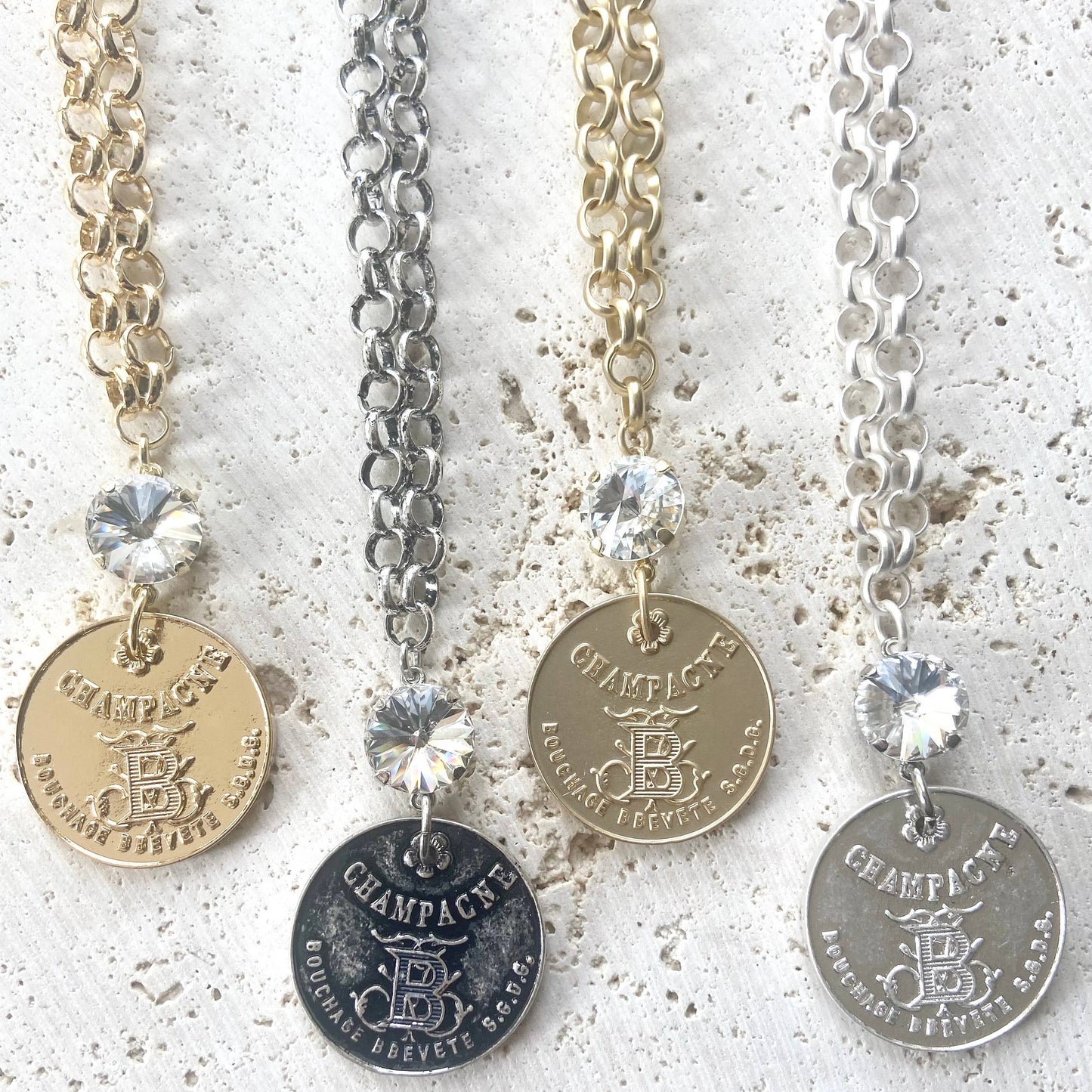 Champagne French coin necklace boutique salon jewelry: Burnished silver