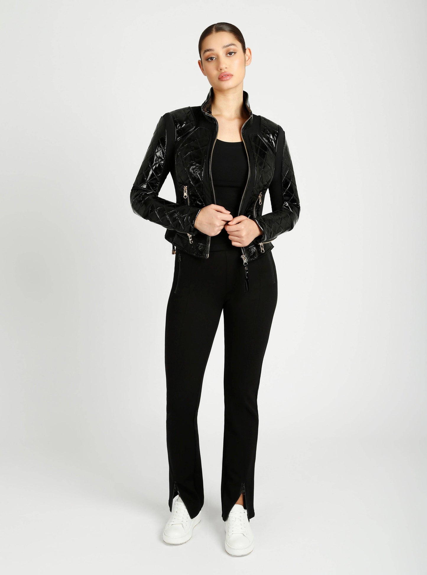 Crushed Patent Leather Gold Mesh Moto JLS - Blanc Noir