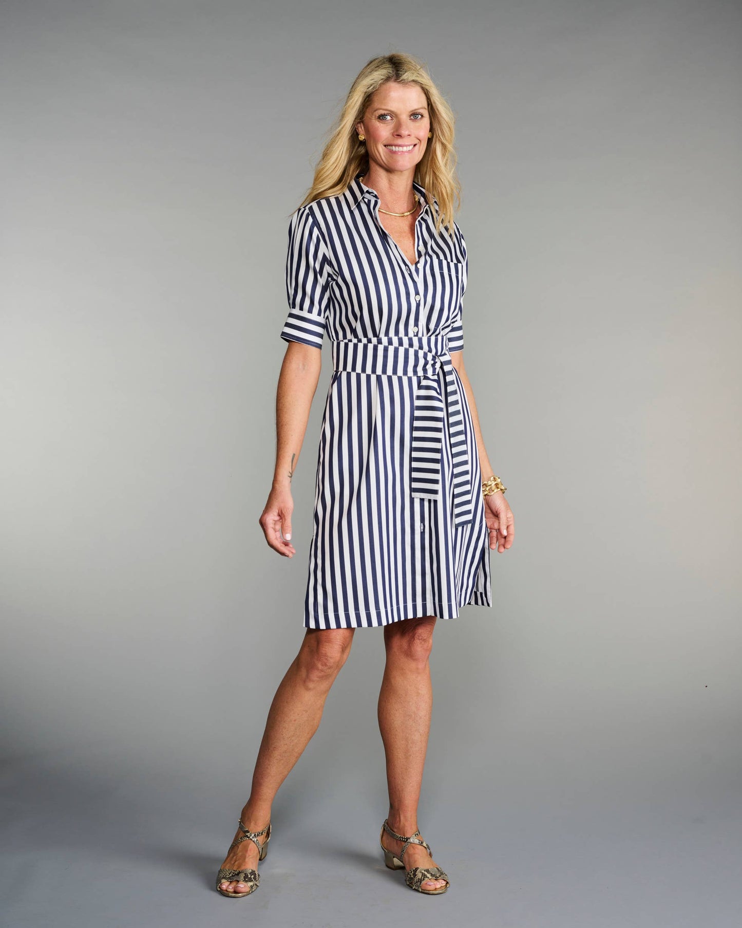 The Ava Dress in Navy Broad Stripe: M