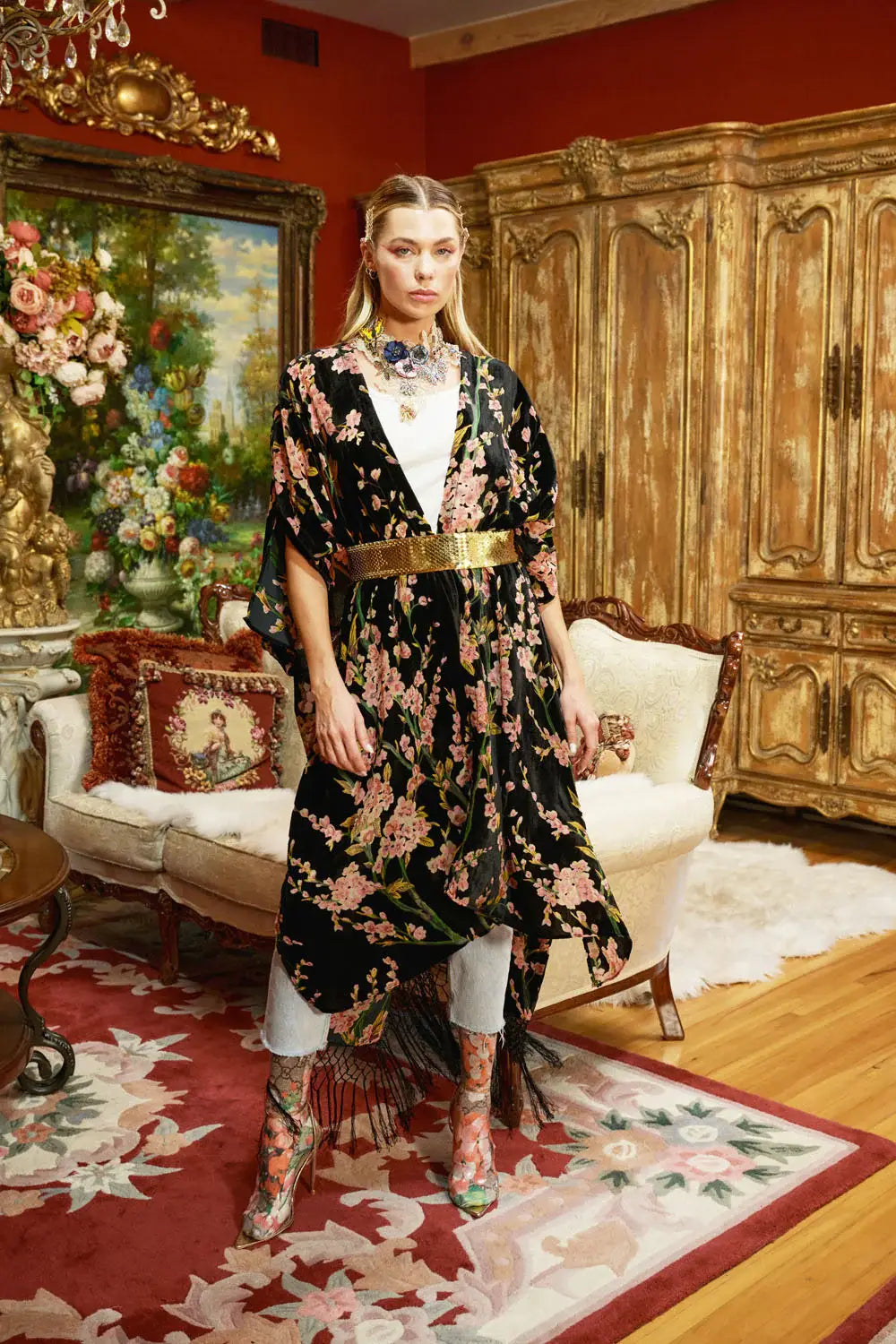 Holiday Garden Burnout Velvet Kimono / Topper : Black Burnout / One Size