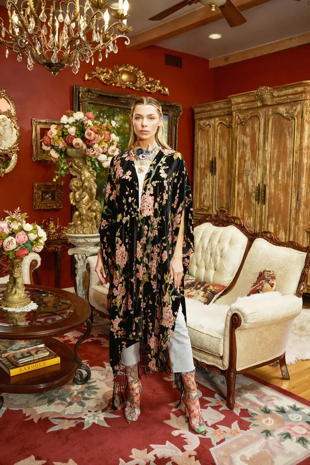 Holiday Garden Burnout Velvet Kimono / Topper : Black Burnout / One Size