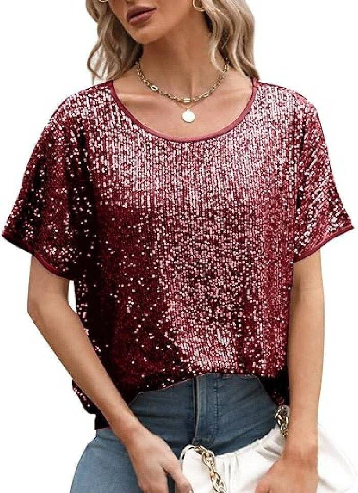 Sequin Deep V-Neck Short Sleeve Top: Silver / M