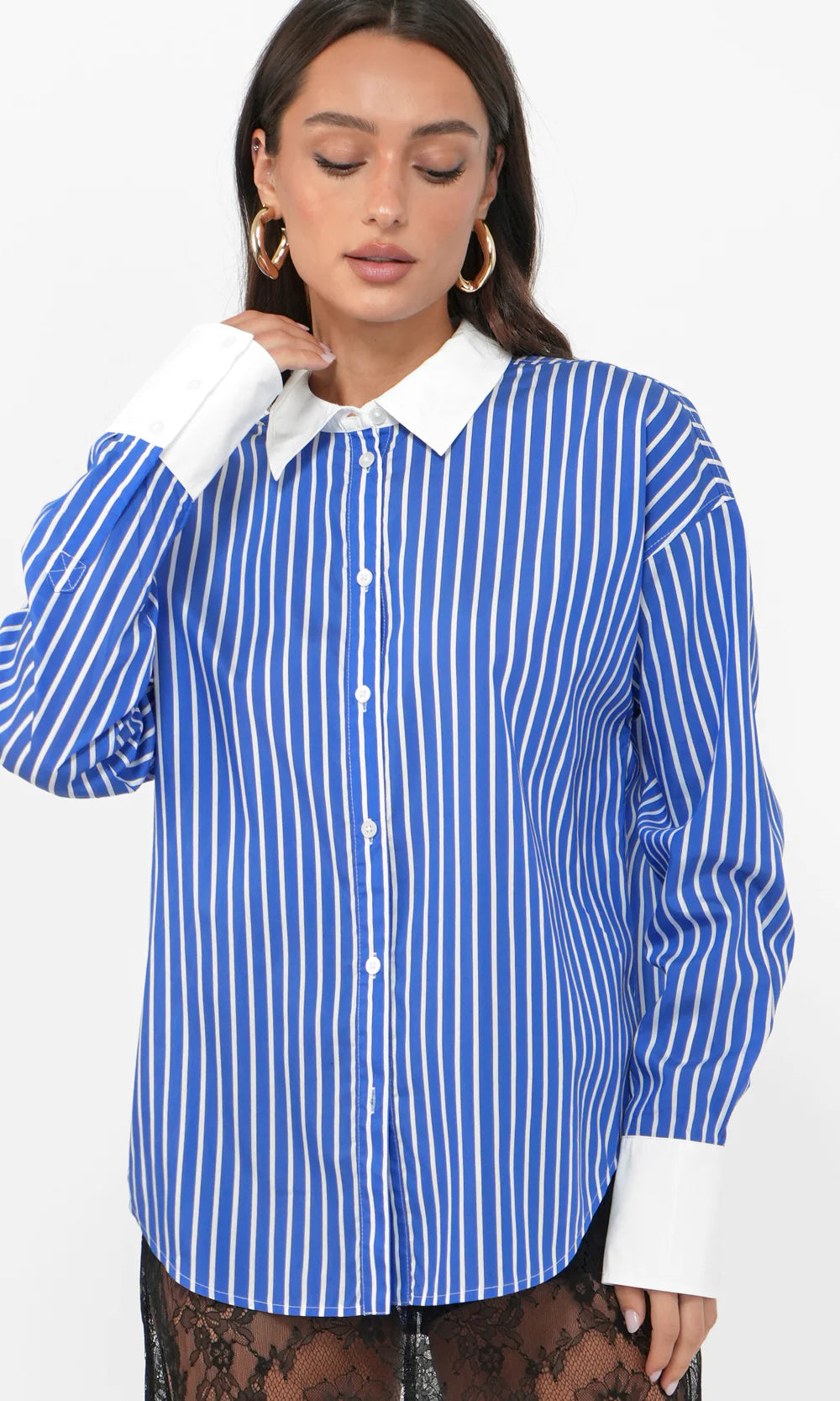 Geneviv Oversized Bold Stripe Shirt w/ Contrast Cuff G254T7194 - GREYLIN