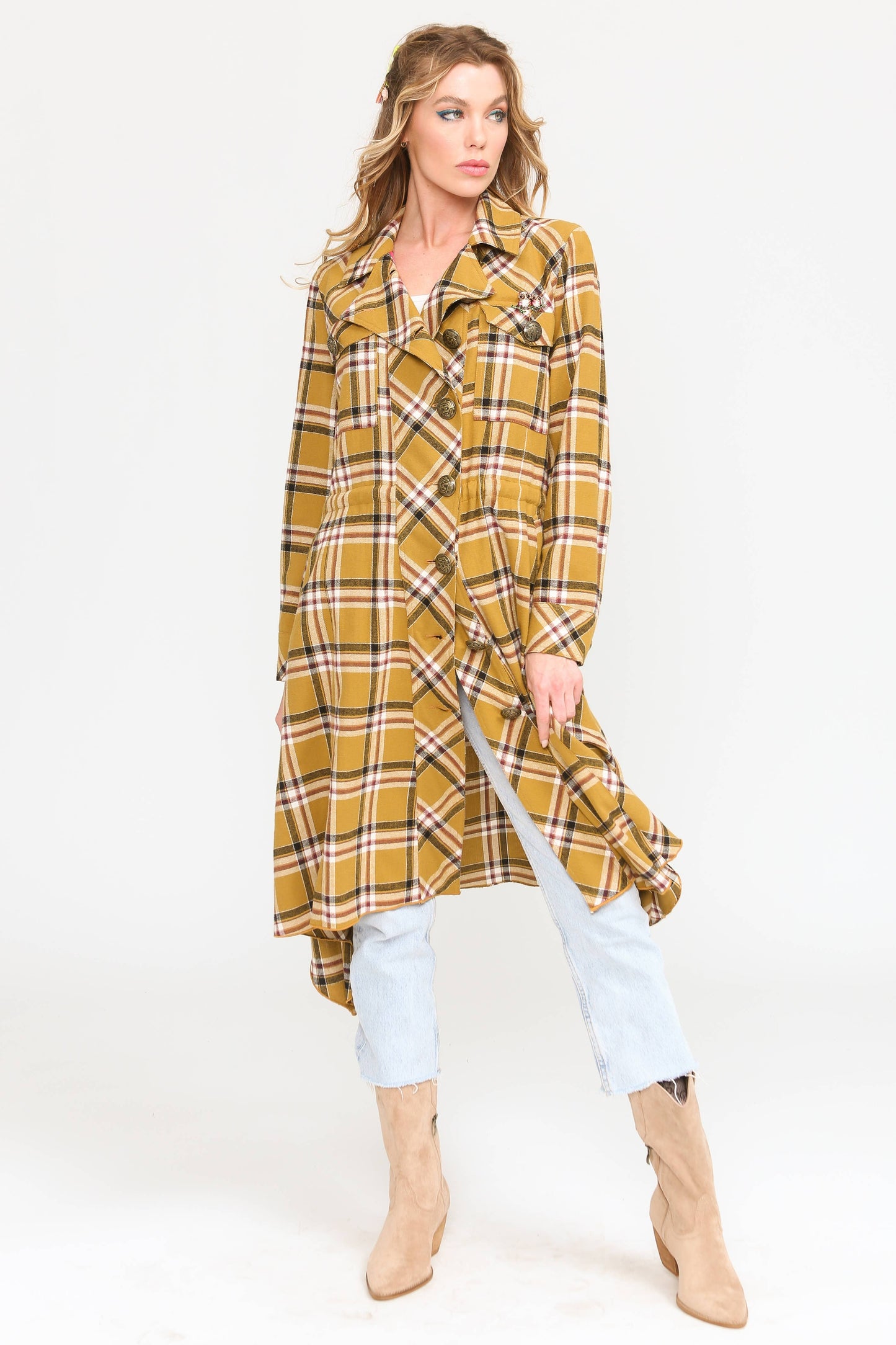 Coco Plaid Trench Coat: Mustard Combo / M