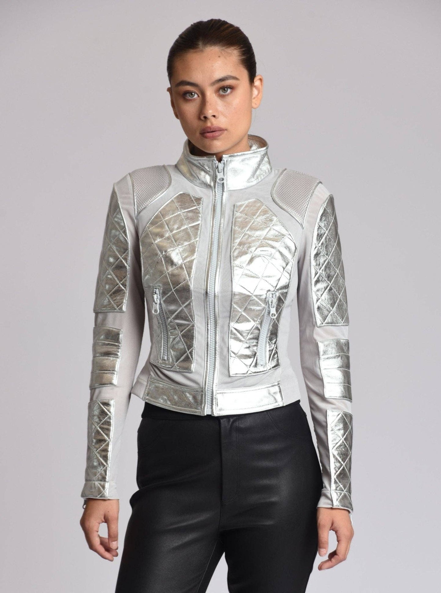 Metallic Moto Mesh Jacket Silver Star JLS - Blanc Noir