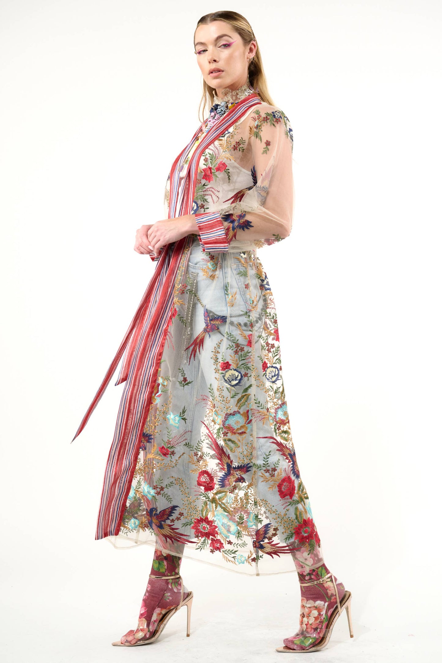 Jade Embroidered Mesh Duster / Topper: Red Stripe/Emb / M
