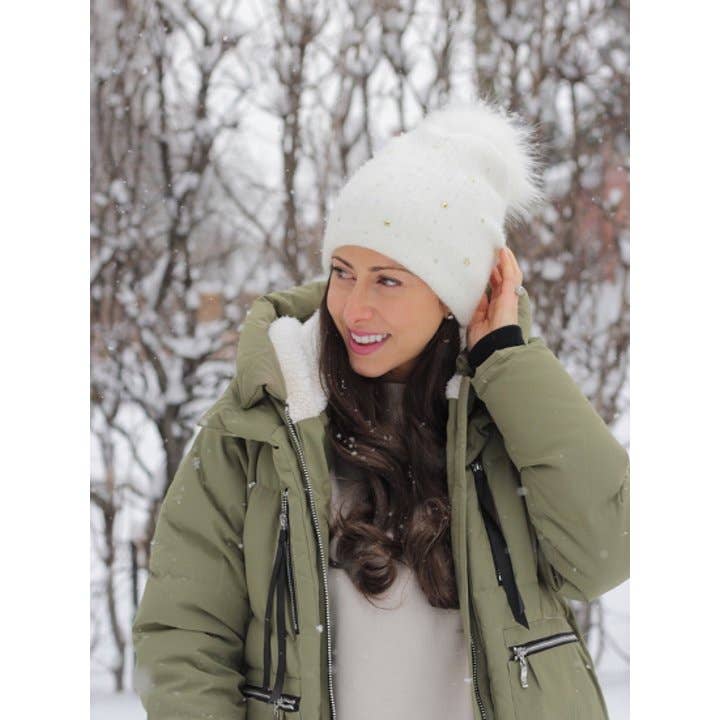 Chloe Stars & Studs Winter Hat: Black Real Fur Pom Pom