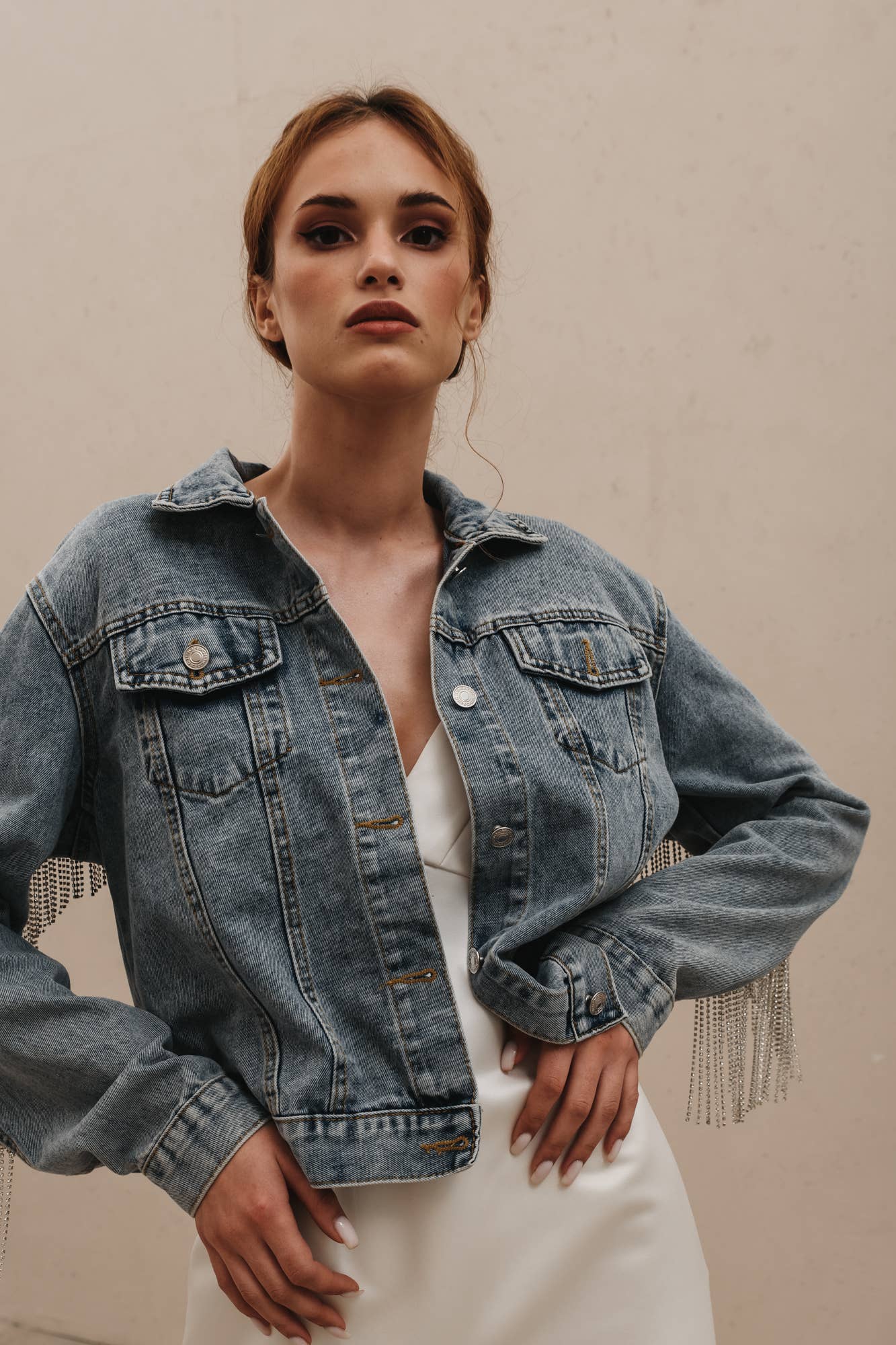 Rhinestone Fringe Jacket: S / Black Denim